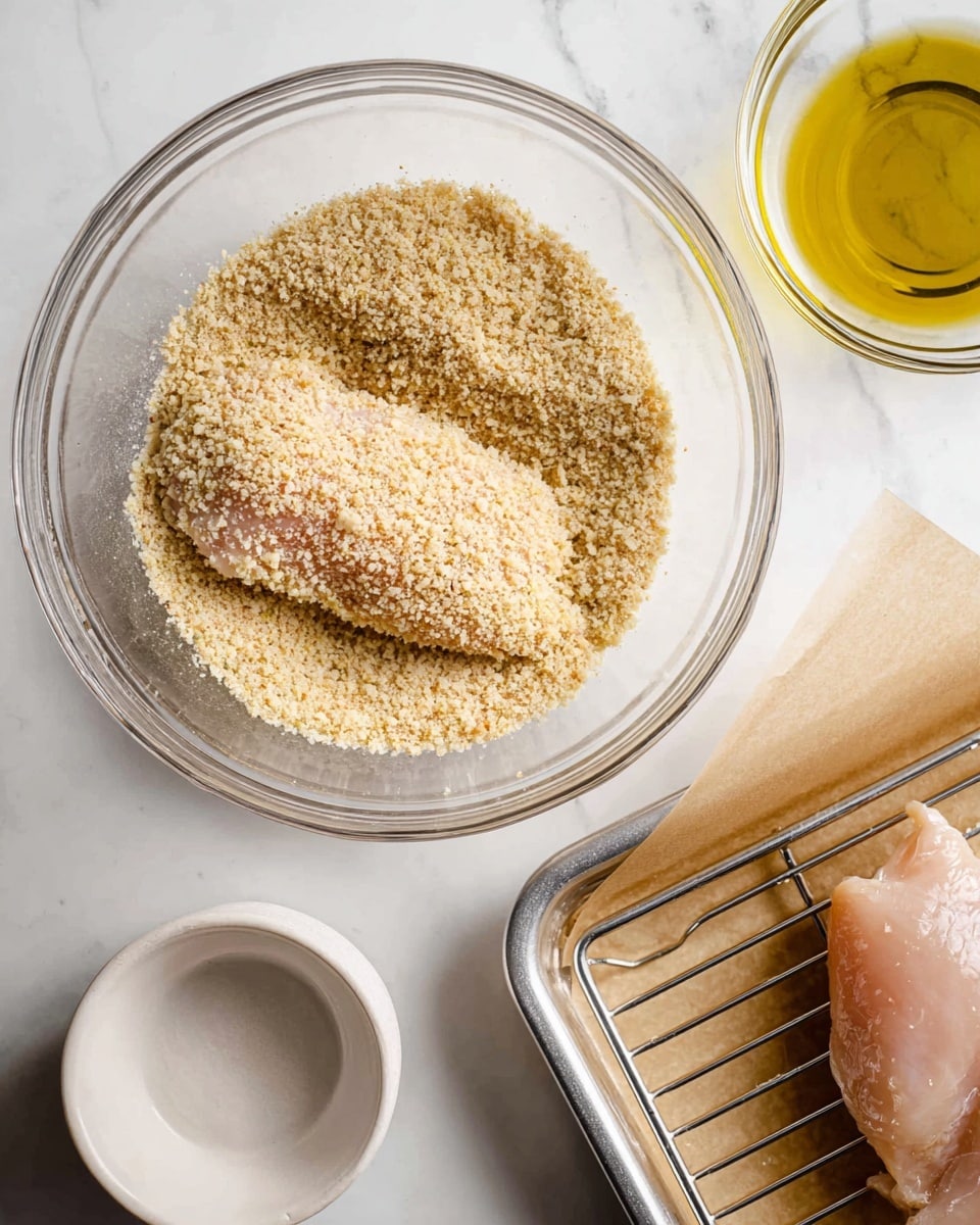 A clear glass bowl filled with light beige breadcrumb mix holds a piece of raw chicken coated in the crumbs, showing a rough, grainy texture. Next to it is a white bowl containing raw chicken in golden olive oil, with a smooth, shiny surface. In the corner, a piece of raw chicken rests on light brown parchment paper. The scene is set on a white marbled surface with a metal baking tray holding a metal wire rack partly visible, showing a single breadcrumb-coated piece of chicken. photo taken with an iphone --ar 4:5 --v 7