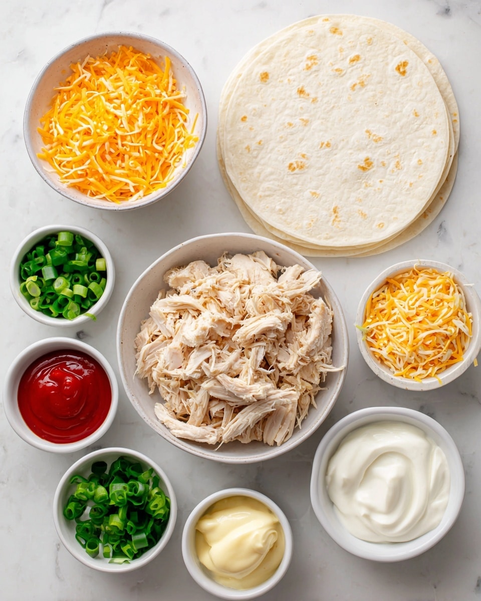A collection of ingredients is arranged on a white marbled surface, each in a small white bowl or on the right, large white tortilla wraps stacked lightly overlapping. In the center is a bowl filled with shredded cooked chicken, pale beige with some light brown edges. Surrounding it are small bowls holding grated red cheddar cheese in a bright orange shade, chopped green onions with vibrant green rings, shredded regular cheddar cheese in a pale yellow tone, smooth white light yogurt, creamy light mayonnaise with a shiny texture, minced pale yellow garlic, and a small amount of bright red hot sauce. The items are neatly spaced, creating a clean and organized visual. photo taken with an iphone --ar 4:5 --v 7