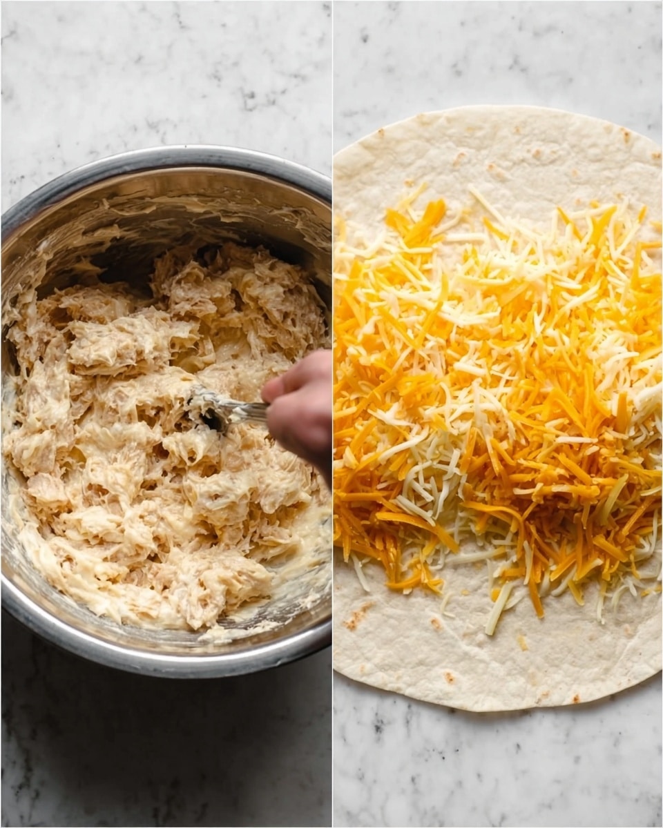 The image shows two side-by-side close-up shots on a white marbled surface. The left side features a metallic bowl filled with a thick, creamy mixture that is off-white with light brown pieces, being stirred by a metal utensil held by a woman's hand. The texture looks mixed and chunky but soft. The right side shows a white tortilla laid flat with two types of shredded cheese on top: one pale yellow and one deeper yellow-orange, scattered loosely across the center. Both images are bright and clear, showing fresh ingredients. Photo taken with an iphone --ar 4:5 --v 7