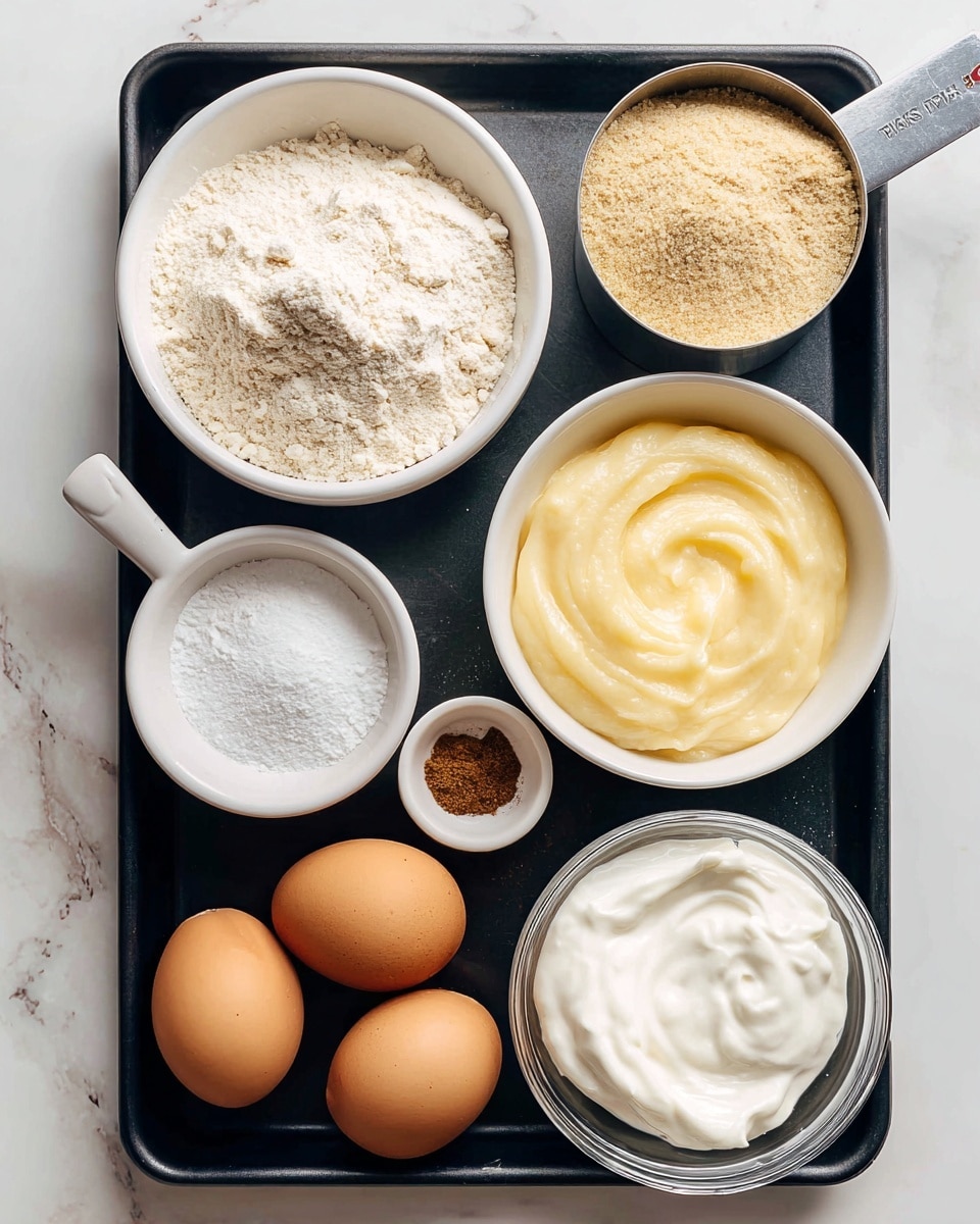 A white bowl filled with a powder mix of almond flour and gluten-free all-purpose flour sits at the top left on a black tray, next to a metal measuring cup with light tan protein powder and a small white bowl of fine white baking powder at the top right. Below, a small glass bowl contains melted butter and sugar with a smooth yellow texture on the left side, and in the center-right is a white bowl full of creamy, light yellow banana puree. Three brown eggs rest near the bottom left corner of the tray alongside a small pile of mixed cinnamon, salt, and vanilla spices. On the lower right, a clear bowl holds thick, white Greek yogurt. The background is a white marbled texture. Photo taken with an iphone --ar 4:5 --v 7