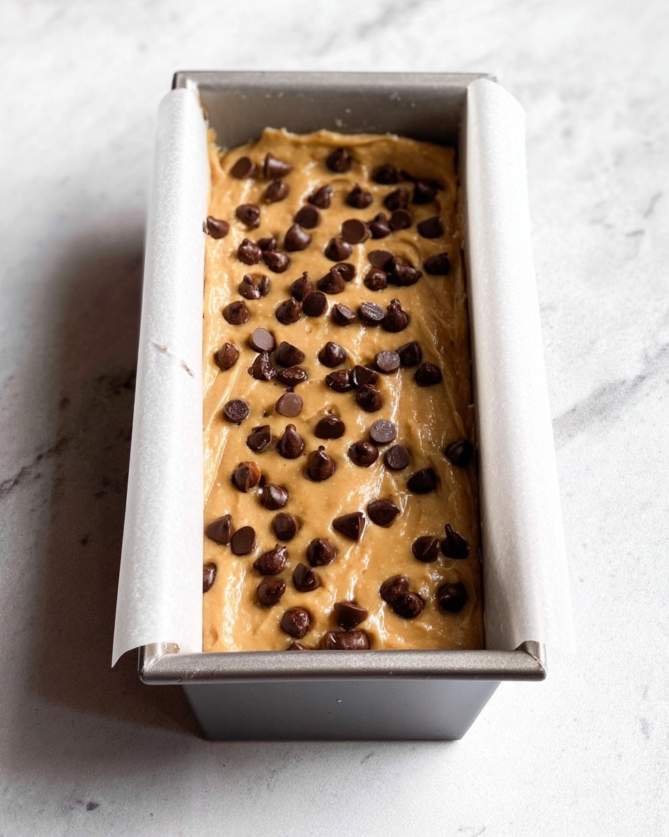 A rectangular metal loaf pan lined with white parchment paper holds a single layer of light brown batter, dotted evenly with dark chocolate chips spread on the surface. The batter's texture looks smooth but thick, filling the pan almost to the top edges. The background is a white marbled texture, creating a clean and bright setting. Photo taken with an iphone --ar 4:5 --v 7
