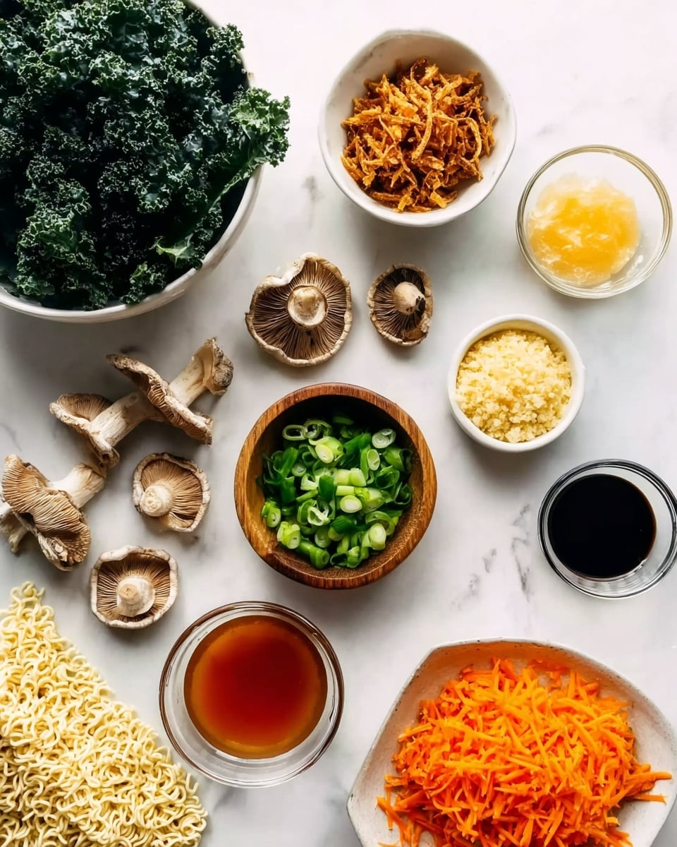 This image shows various cooking ingredients laid out on a white marbled surface. There is a white bowl filled with dark green leafy kale on the top left, a small white bowl of crispy brown flakes above it, and a small wooden bowl filled with bright green sliced scallions in the center. Surrounding these are several light brown dried shiitake mushrooms scattered loosely across the surface. To the right are small white and black bowls containing finely mashed yellow ginger and light yellow garlic, respectively. In the bottom left corner is a portion of uncooked pale yellow ramen noodles. Near the noodles is a small clear glass bowl holding a reddish sauce and another clear bowl with a darker liquid, possibly soy sauce. Finally, at the bottom right, there is a white bowl containing freshly shredded bright orange carrots. photo taken with an iphone --ar 4:5 --v 7