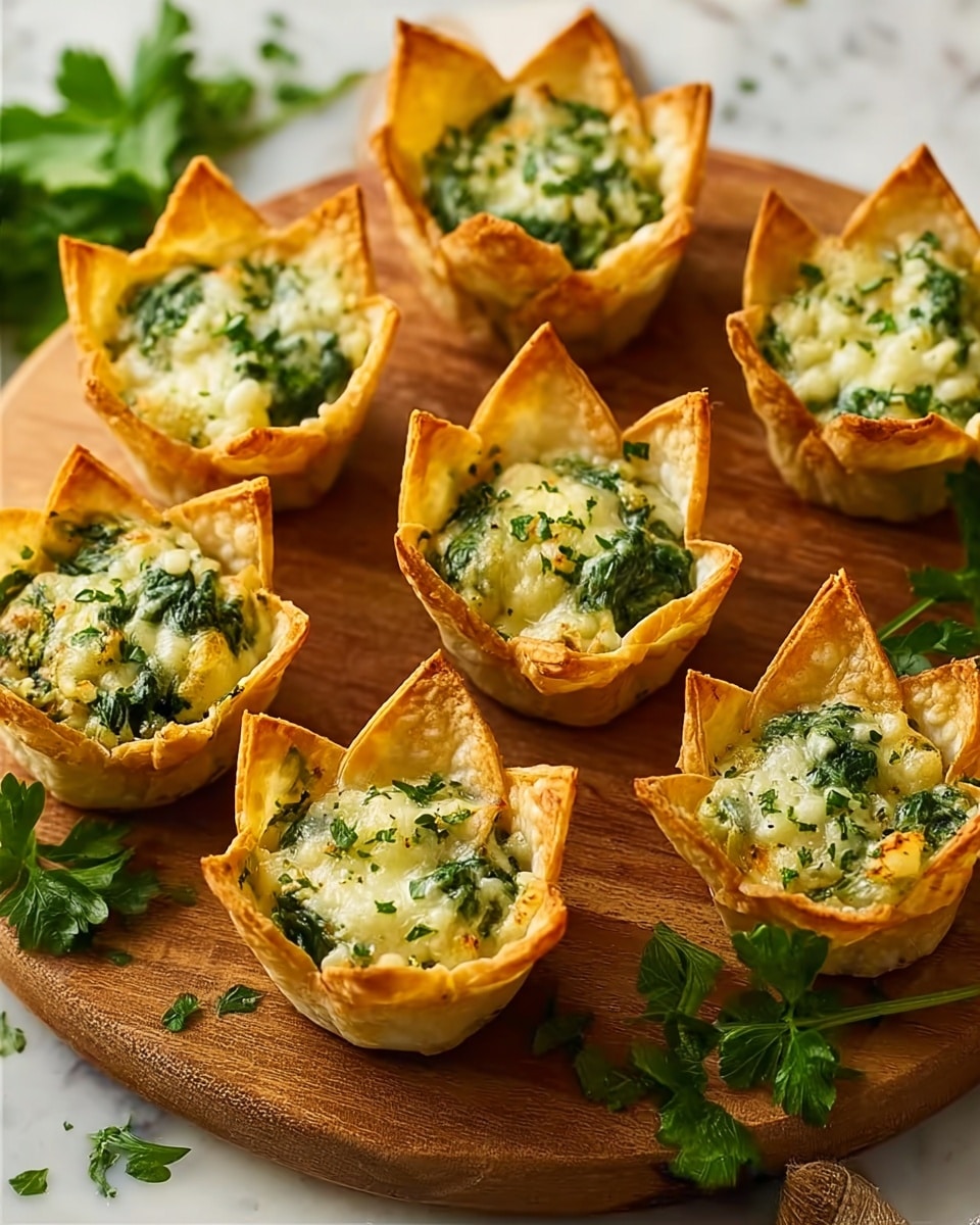 The image shows eight golden brown crispy cups made from a thin dough, shaped like flowers with pointed petal edges. Each cup is filled with a creamy spinach and cheese mixture with a slightly melted, light yellow cheese topping speckled with green herbs, adding texture. The cups are placed on a wooden board with a few scattered fresh green parsley leaves around, all set on a white marbled surface. photo taken with an iphone --ar 4:5 --v 7