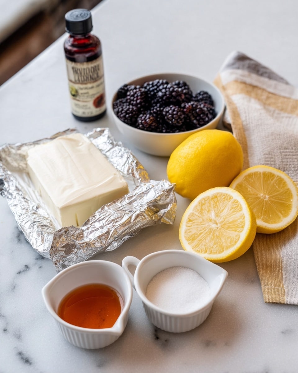 The image shows a white marbled surface with several ingredients placed neatly. In the center, there is an open silver foil package with a block of soft white cream cheese visible. To the right, two bright yellow lemon halves stack slightly on each other. In front of these lemons are two small white ceramic cups; one filled with clear amber honey and the other with white granulated sugar. Toward the back, a small white bowl holds a pile of dark purple-black blackberries. Behind the lemons, there is a small brown bottle of vanilla extract with a black cap. On the far right edge, a folded beige and white cloth rests partially visible. photo taken with an iphone --ar 4:5 --v 7