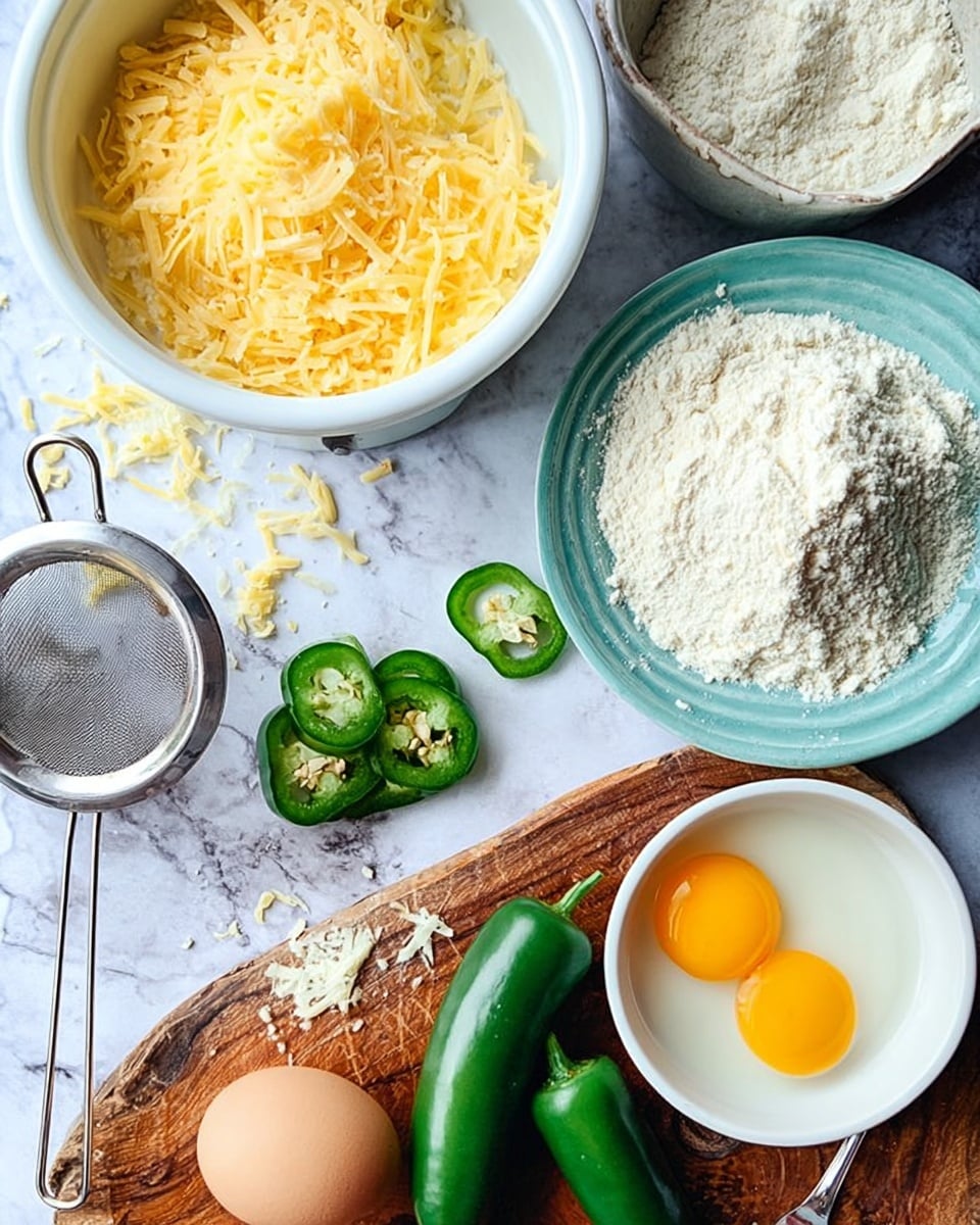 The image shows a variety of cooking ingredients on a white marbled surface. There is a white bowl filled with shredded yellow cheese, some cheese pieces scattered nearby. A round turquoise plate holds a metal sieve with flour inside. A white bowl contains two cracked eggs with bright yellow yolks. On a wooden board, there are three whole green jalapeños and one sliced jalapeño, with some cut rings in a small white bowl. A whole brown egg is also placed on the wooden board. A silver textured fork lies next to the bowls and board. Photo taken with an iphone --ar 4:5 --v 7