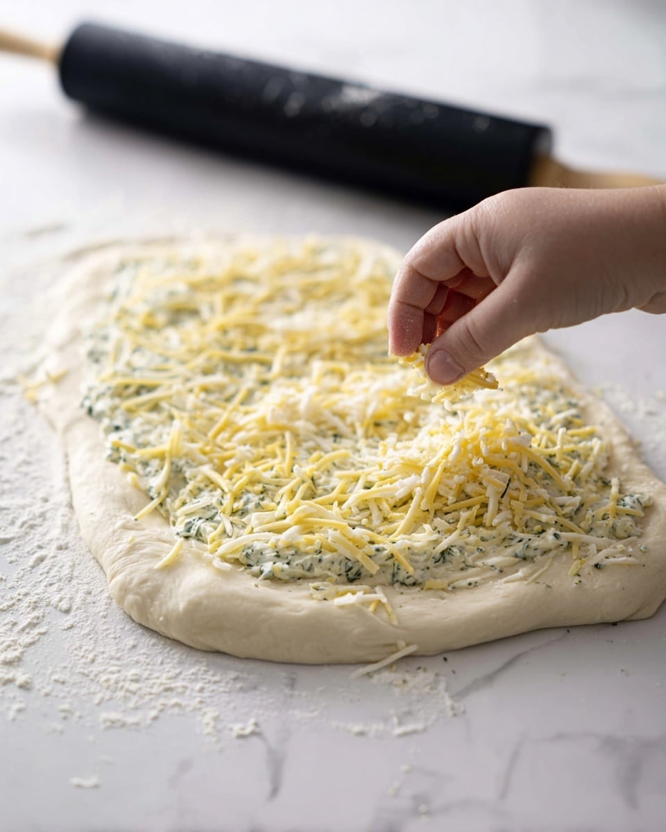 A piece of flat white dough is spread out on a white marbled surface, with a creamy herb sauce layer speckled with green herbs covering it evenly. On top, there is a generous layer of shredded yellow and white cheese scattered all over the surface of the dough. A woman's hand is seen gently sprinkling more cheese in the center. In the background, a black rolling pin lies on the white marbled surface. photo taken with an iphone --ar 4:5 --v 7