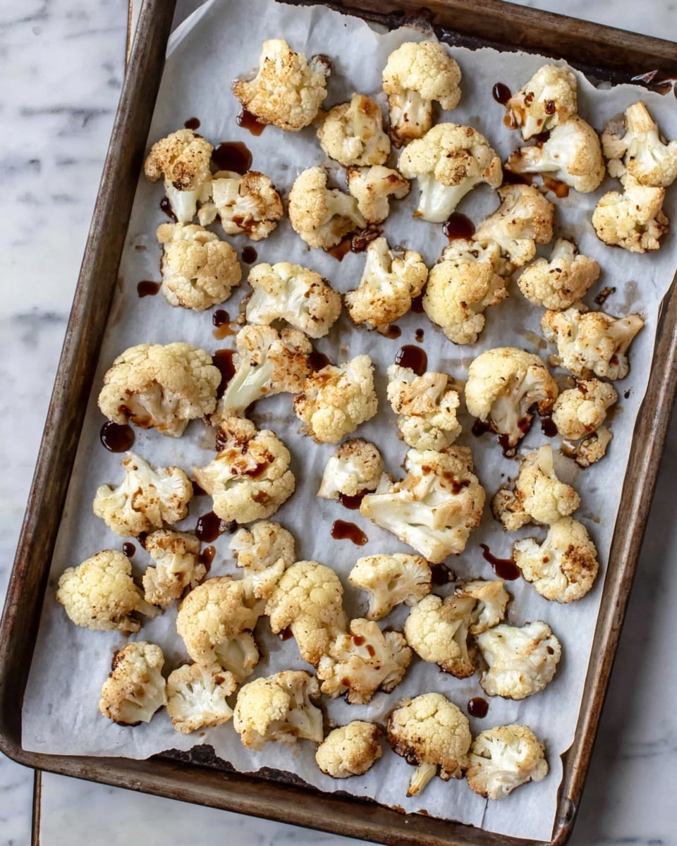 The image shows a metal tray lined with white parchment paper on a white marbled surface. On the tray, there are many small, light golden roasted cauliflower florets scattered evenly. The florets have a slightly crisp texture with some browned edges. There are small droplets of a dark brown sauce drizzled around the florets, adding contrast to the light colors. The overall tone is warm and rustic, highlighting the roasted cauliflower. Photo taken with an iphone --ar 4:5 --v 7