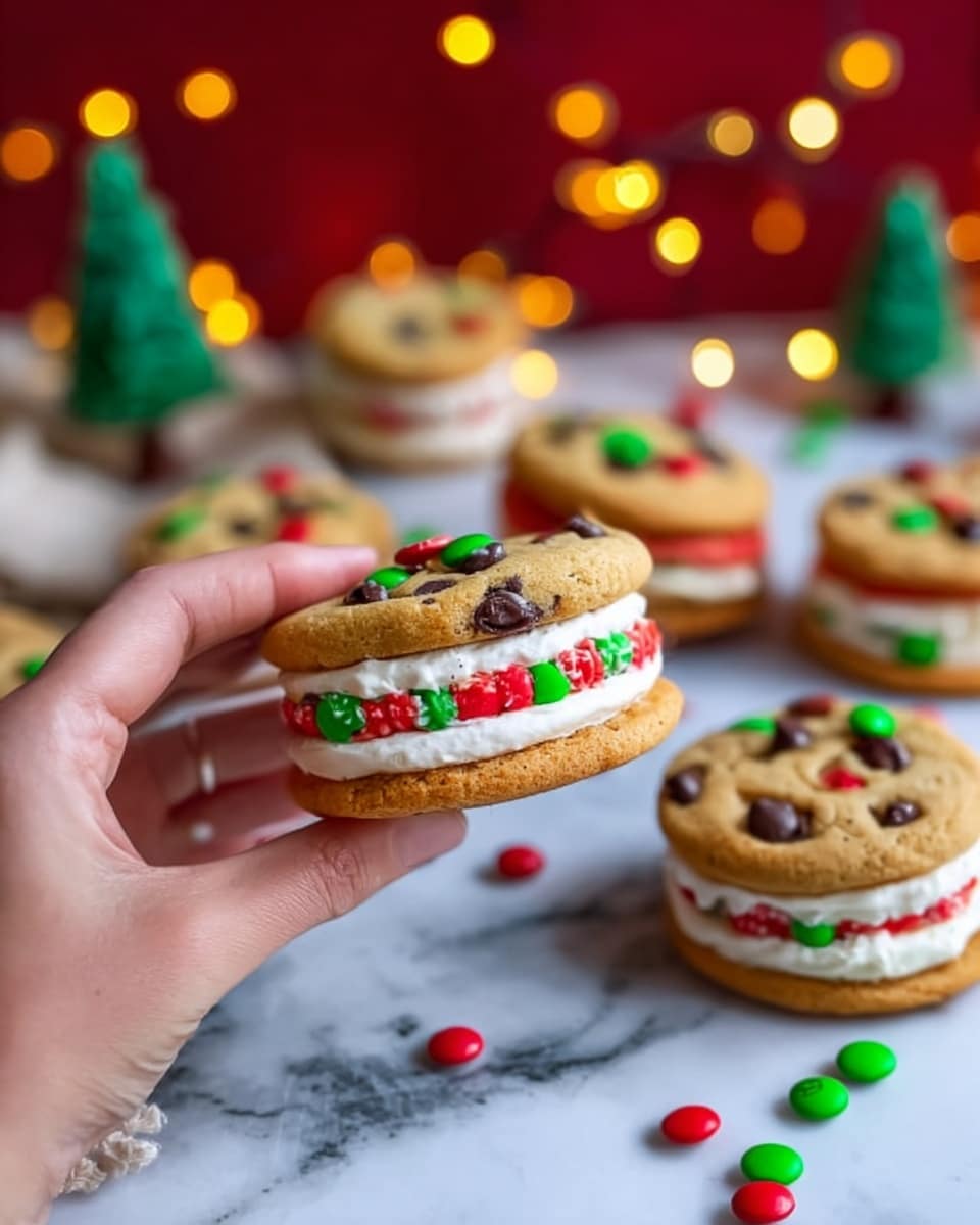 A close-up of a woman's hand holding a cookie sandwich made of two golden-brown cookies with chocolate chips and red and green candy pieces on top. Inside the sandwich are two layers of frosting, one red and one white, creating a festive look. In the background, several similar cookie sandwiches are spread out on a white marbled surface, with bright red and green candy pieces scattered around. There are two small green Christmas tree decorations blurred in the background, along with warm yellow string lights creating a cozy, festive scene. The photo taken with an iphone --ar 4:5 --v 7