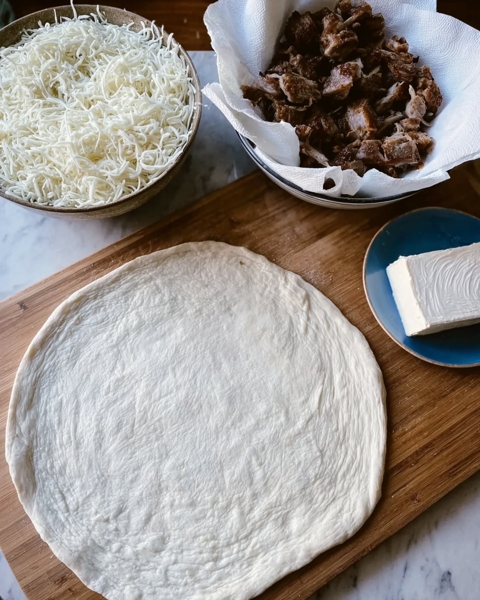 The image shows a round, thin dough spread out flat on a wooden surface, ready for toppings. Nearby, there is a plate of shredded white cheese on a white marbled surface, and a white bowl lined with paper towels that holds several pieces of cooked dark brown meat. Next to these, there is a block of white cheese on a blue plate. The colors are mostly white and brown with a touch of blue. Photo taken with an iphone --ar 4:5 --v 7