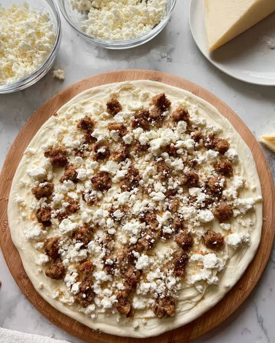 A round pizza dough is spread out on a wooden board on a white marbled surface. It has a base layer of light cream sauce, topped evenly with small browned meat pieces scattered all over. White crumbly cheese is sprinkled generously on top of the meat, creating a contrast with the brown and cream colors. Around the board, there are clear bowls with more cheese and sauce, and a white plate with a wedge of cheese, all placed on the white marbled surface. photo taken with an iphone --ar 4:5 --v 7