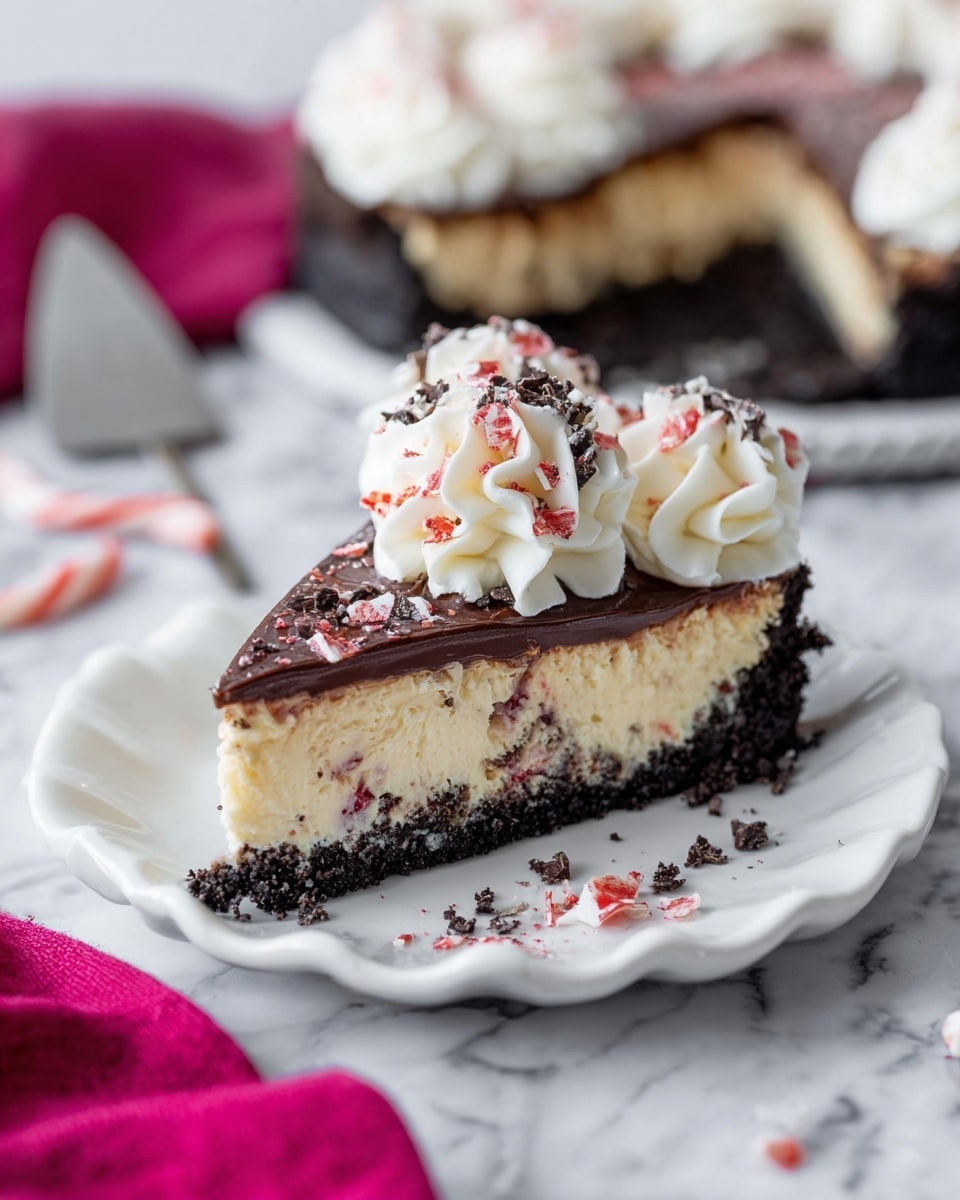 A slice of cake on a white scalloped plate with a dark crumbly crust at the bottom, a thick light cream layer with small dark and red bits inside, topped by a smooth dark chocolate layer, and decorated with white whipped cream swirls sprinkled with small red and dark chocolate shavings. In the background, the rest of the cake is visible on a white marbled surface, with some crushed candy pieces scattered around. A bright pink cloth and a utensil handle are partially shown at the bottom left corner. Photo taken with an iphone --ar 4:5 --v 7