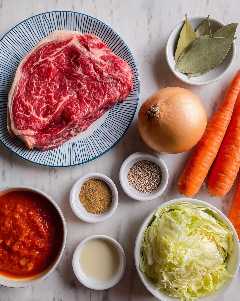 A raw red steak with white marbling sits on a white plate with blue stripes, placed on a white marbled surface. To the right, there are two long orange carrots and a whole light brown onion. Above the onion, there is a small white bowl holding two green bay leaves. Below the onion, there are three small round bowls with spices—one with a grainy brown spice, another with a mix of crushed seeds, and a third with black pepper. Next to the spices is a small white bowl filled with light yellow shredded cabbage, and a smaller white bowl with a light cream liquid. In the bottom left corner, a white bowl contains bright red tomato paste. The scene is well lit and clear. Photo taken with an iphone --ar 4:5 --v 7