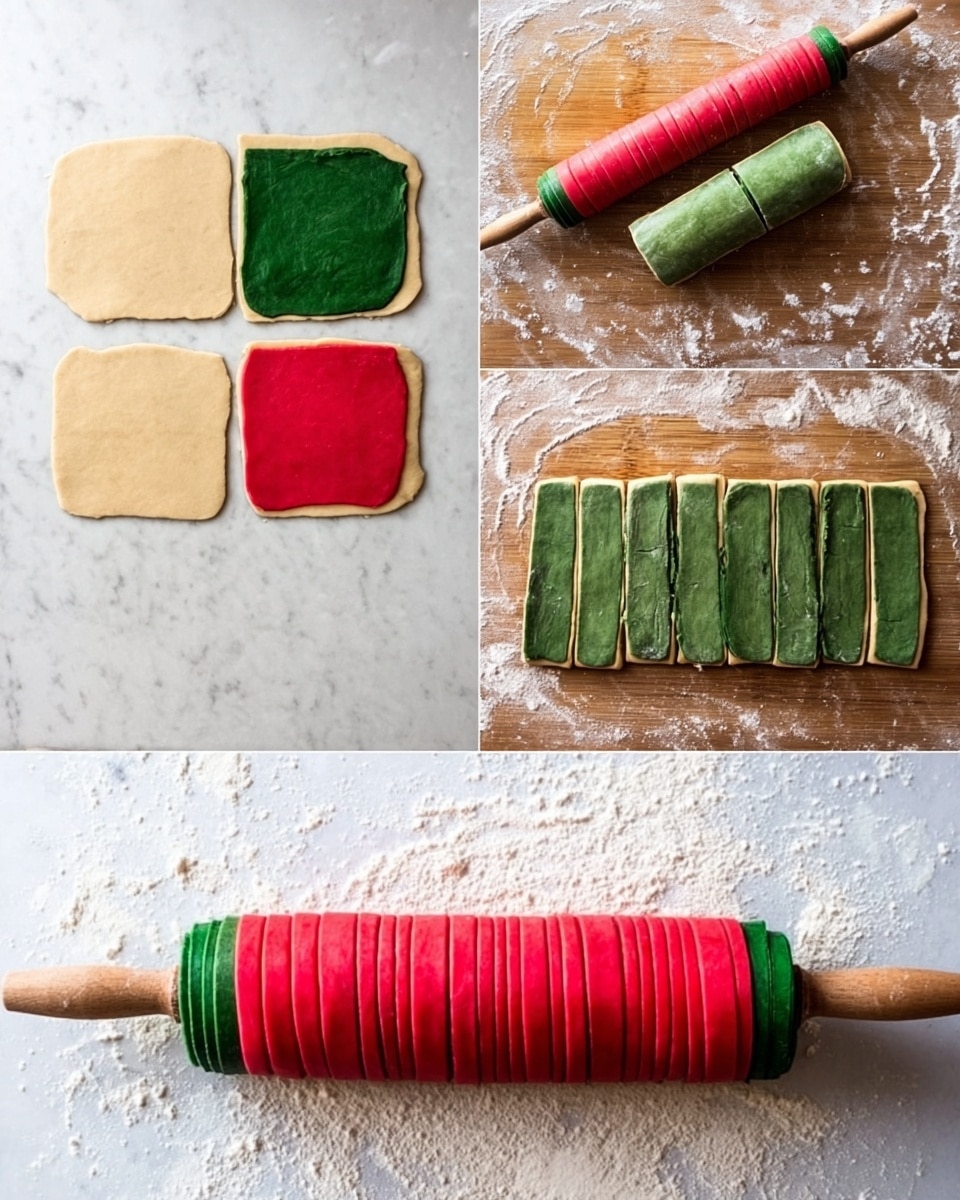 This image shows a step-by-step process of making a rolled dough with colorful layers. The first row has three square dough pieces, each rolled flat: one beige, one green, and one red, all placed on a white marbled surface. The second row on the left shows a woman's hand rolling the dough with a rolling pin, and on the right, a green dough rectangle is cut into strips on a wooden board dusted lightly with flour. The bottom row shows the dough layers stacked and rolled: a beige base topped with a green layer, then the green layer topped with red strips, forming a tight colorful roll. The roll’s top view shows red outer strips sliced evenly but still attached, revealing green and beige layers inside. Photo taken with an iphone --ar 4:5 --v 7