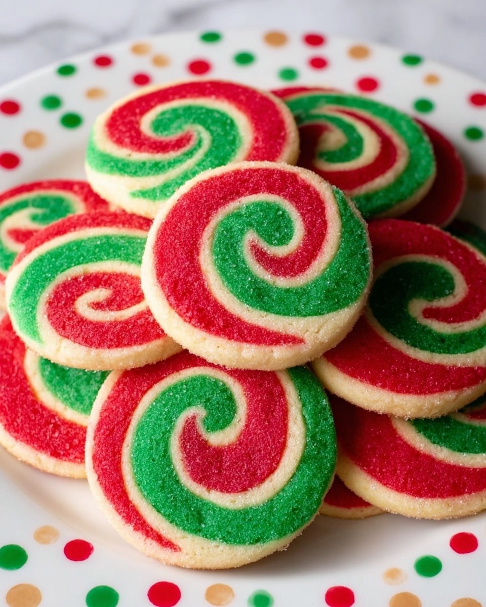 A pile of round cookies with colorful spiral layers placed on a white plate with green, red, and yellow dots. Each cookie has three visible layers arranged in a swirl pattern, with the outer layer bright red, the middle layer cream, and the inner layer green, creating a festive look. The cookies are stacked closely and evenly, showing their smooth and slightly textured surface. The background is a white marbled texture. photo taken with an iphone --ar 4:5 --v 7