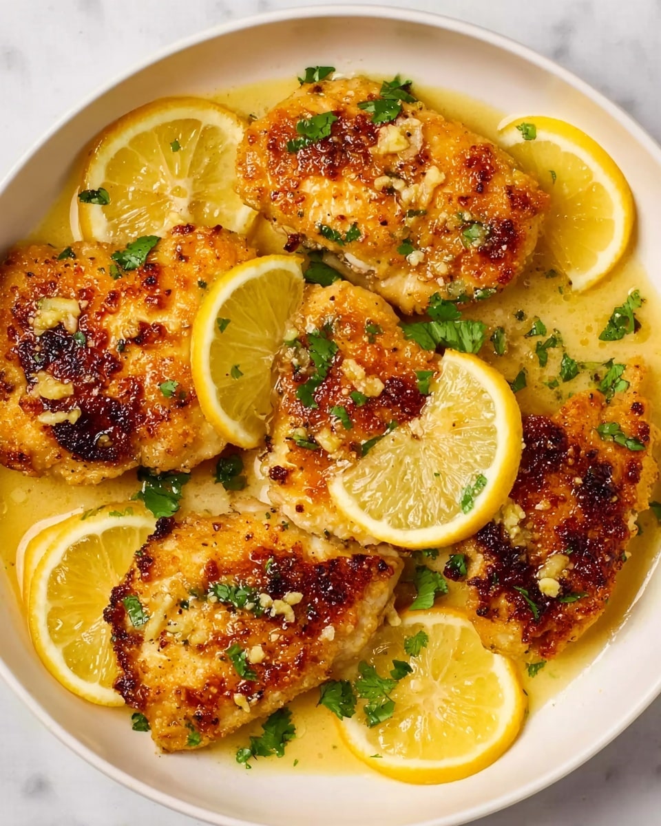 A white round plate filled with four pieces of golden-brown cooked chicken, each piece showing a crispy texture with slight charring and visible small bits of garlic on top. The chicken is covered in a light yellow lemon sauce that glistens softly. There are four lemon slices placed around and on top of the chicken, each bright yellow with a juicy, slightly wet look. Small green cilantro leaves are sprinkled evenly over the chicken and lemons, adding a fresh contrast. The plate is set on a white marbled surface. photo taken with an iphone --ar 4:5 --v 7