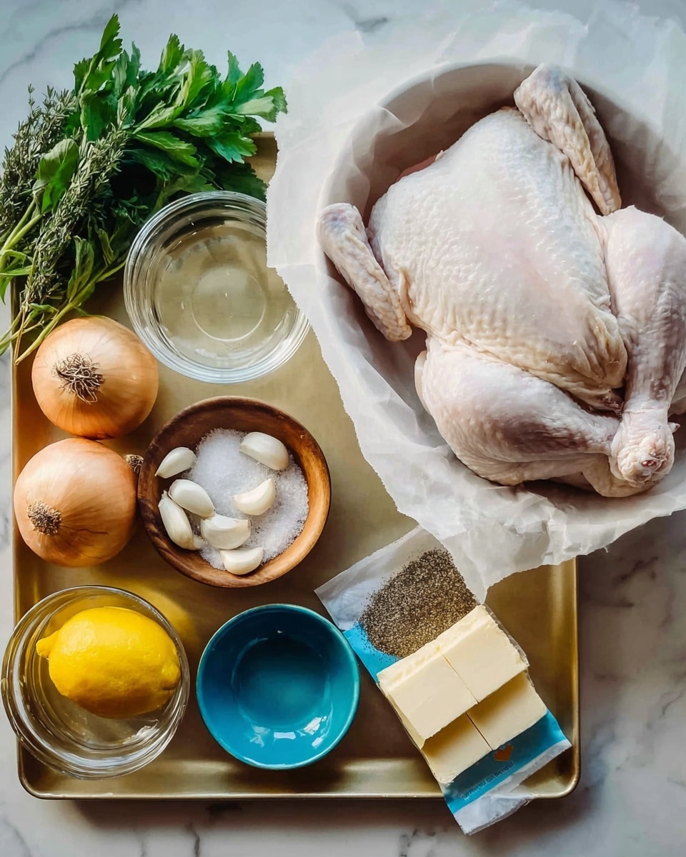 The image shows a whole raw chicken placed in a white bowl lined with parchment paper, the chicken’s pale skin and subtle texture are visible. Next to it, on a white marbled surface, is a gold tray with ingredients neatly arranged: a bunch of green leafy herbs in the top left corner, two small light brown onions below the herbs, a bright yellow lemon in the bottom left corner, several white garlic cloves in the center, a small glass bowl with clear liquid, a brown wooden bowl with white salt, a blue bowl with black pepper, and a stick of butter wrapped in paper with one square piece of butter next to it. The background is white marbled and flat. A woman's hand is not visible here. photo taken with an iphone --ar 4:5 --v 7