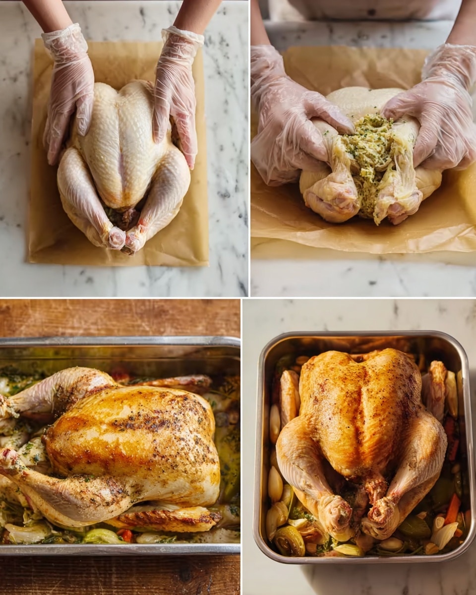 The image shows four steps to prepare a whole chicken dish. The first step on the top left is a woman’s hands wearing gloves holding a raw chicken placed on a white marble surface with brown paper underneath. The second step on the top right shows the woman’s gloved hands stuffing a herb butter mixture inside the raw chicken's cavity, also on the same white marble with brown paper. The third step on the bottom left shows the chicken laid flat in a metal roasting pan on a wooden surface, covered with herb butter and small vegetables underneath, ready for cooking. The last step on the bottom right shows the cooked chicken in the same metal roasting pan, now golden brown with crispy skin and some cooked vegetables around. Photo taken with an iphone --ar 4:5 --v 7