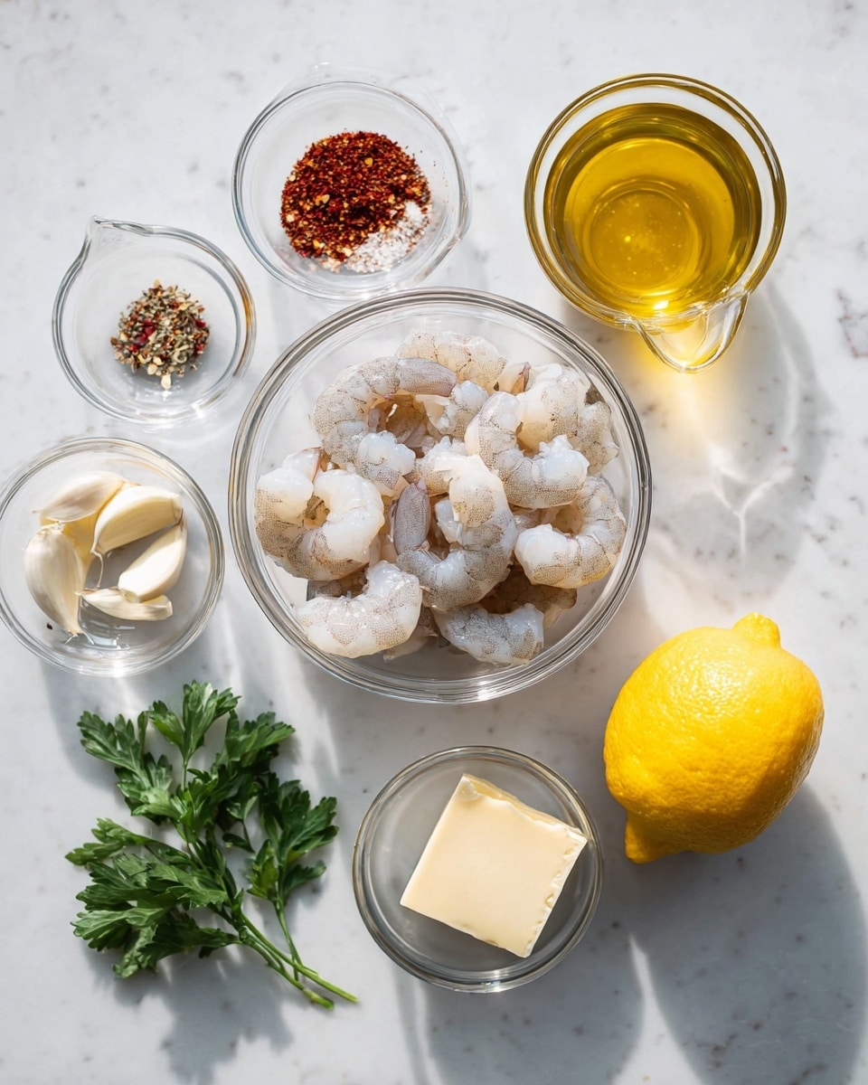 A set of six small to medium clear glass bowls are placed on a white marbled surface, each containing different ingredients. The center bowl holds peeled raw shrimp, grayish-white with slight translucence. Above it, a small bowl contains spices of red, black, and white colors including red chili flakes, black pepper, paprika, and salt. To the left, a bowl with three peeled garlic cloves and a small glass container of golden olive oil with a pouring spout are present. To the right, there is a yellow whole lemon, a square piece of pale butter in a clear bowl, and fresh green parsley leaves. All are evenly arranged with bright natural light shining from above, creating subtle shadows. Photo taken with an iphone --ar 4:5 --v 7