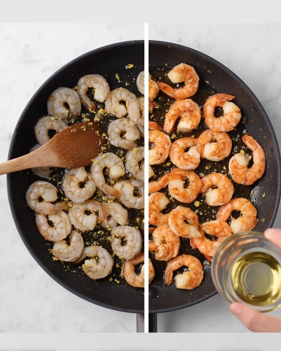The image shows two side-by-side photos of a black frying pan filled with shrimp cooking on a white marbled surface. On the left side, the shrimp are raw to half-cooked, pale gray with some starting to turn pink, and a wooden spoon is stirring them from the lower right inside the pan. On the right side, the shrimp are fully cooked with a bright orange-pink color and slightly curled shapes, and a woman's hand is pouring a clear liquid from a small glass bowl into the pan. The pan contents have some small yellow bits scattered on top, possibly garlic or seasoning. Photo taken with an iphone --ar 4:5 --v 7