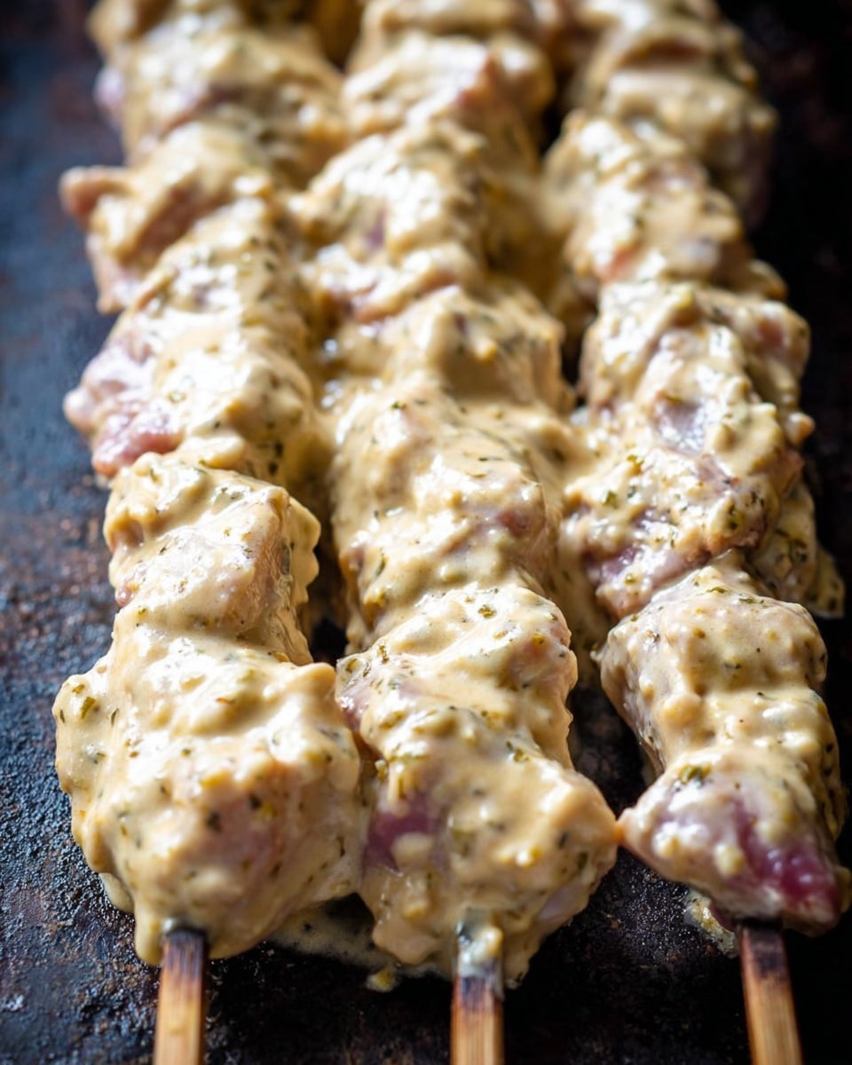The image shows several skewers lined up, each with chunks of raw meat covered in a thick, creamy sauce that is pale yellow with visible herbs and spices. The sauce creates a textured layer over the meat, which has hints of pink and white visible under the sauce. The skewers lie on a dark cooking surface with a rough texture, closely placed side by side in a row that fades into the background. The meat pieces are irregular in size and fully coated, creating a soft, moist look. photo taken with an iphone --ar 4:5 --v 7