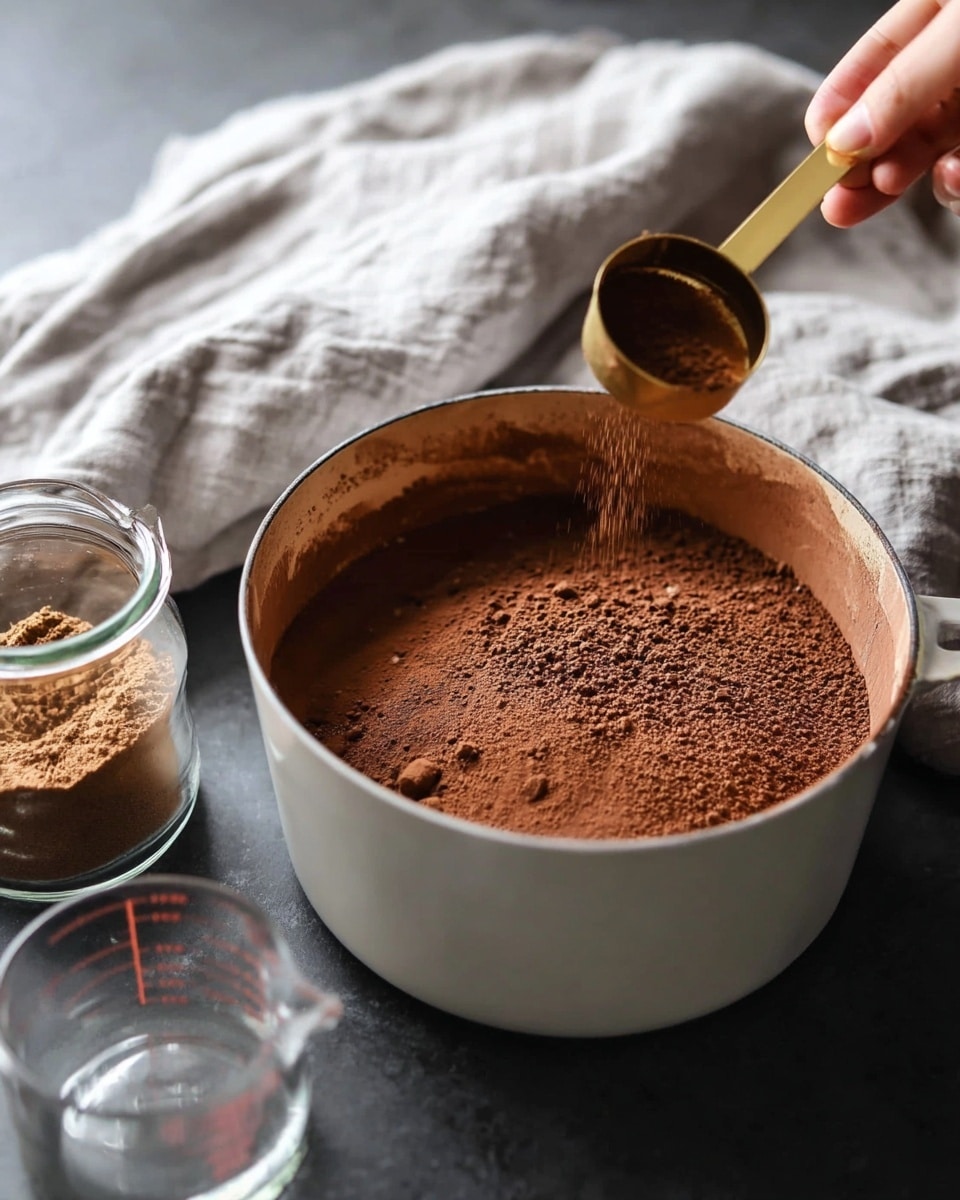 A white pot filled with a layer of smooth brown powder, likely cocoa, with a woman's hand pouring more powder from a small gold measuring spoon into the pot. The pot sits on a dark surface next to a clear measuring cup with liquid inside and a small glass jar filled with brown powder. In the background, there is a wrinkled light gray cloth. The scene has soft natural light and a close-up focus on the powder being added. photo taken with an iphone --ar 4:5 --v 7