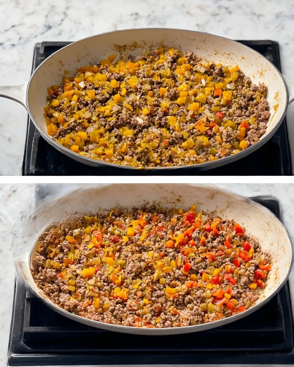The image shows a large white pan on a stove with cooked ground meat mixed with diced yellow and red bell peppers. The mixture has a crumbly texture with small pieces of meat evenly spread across the pan. In the first image, only yellow bell peppers and onions are mixed with the meat, while in the second image, red bell peppers are added, giving more color contrast. The pan has light brown marks where the meat has cooked. The stove beneath is black, and the whole scene is set against a white marbled surface. Photo taken with an iphone --ar 4:5 --v 7