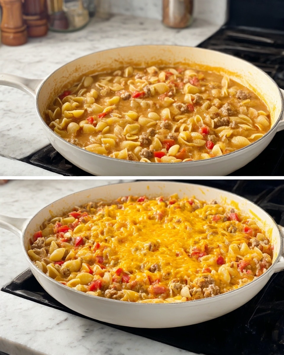 A white pan filled with cooked small shell pasta mixed with ground meat and diced red tomatoes, all in a light brown sauce that fills the pan about three-quarters full, sitting on a white marbled stove surface. In the second image, the same pan now has a layer of melted bright yellow cheese covering the pasta mixture evenly with some visible red tomato pieces and brown ground meat underneath, showing a creamy texture on top. The pan handle is visible, and the background includes some kitchen items slightly blurred. photo taken with an iphone --ar 4:5 --v 7