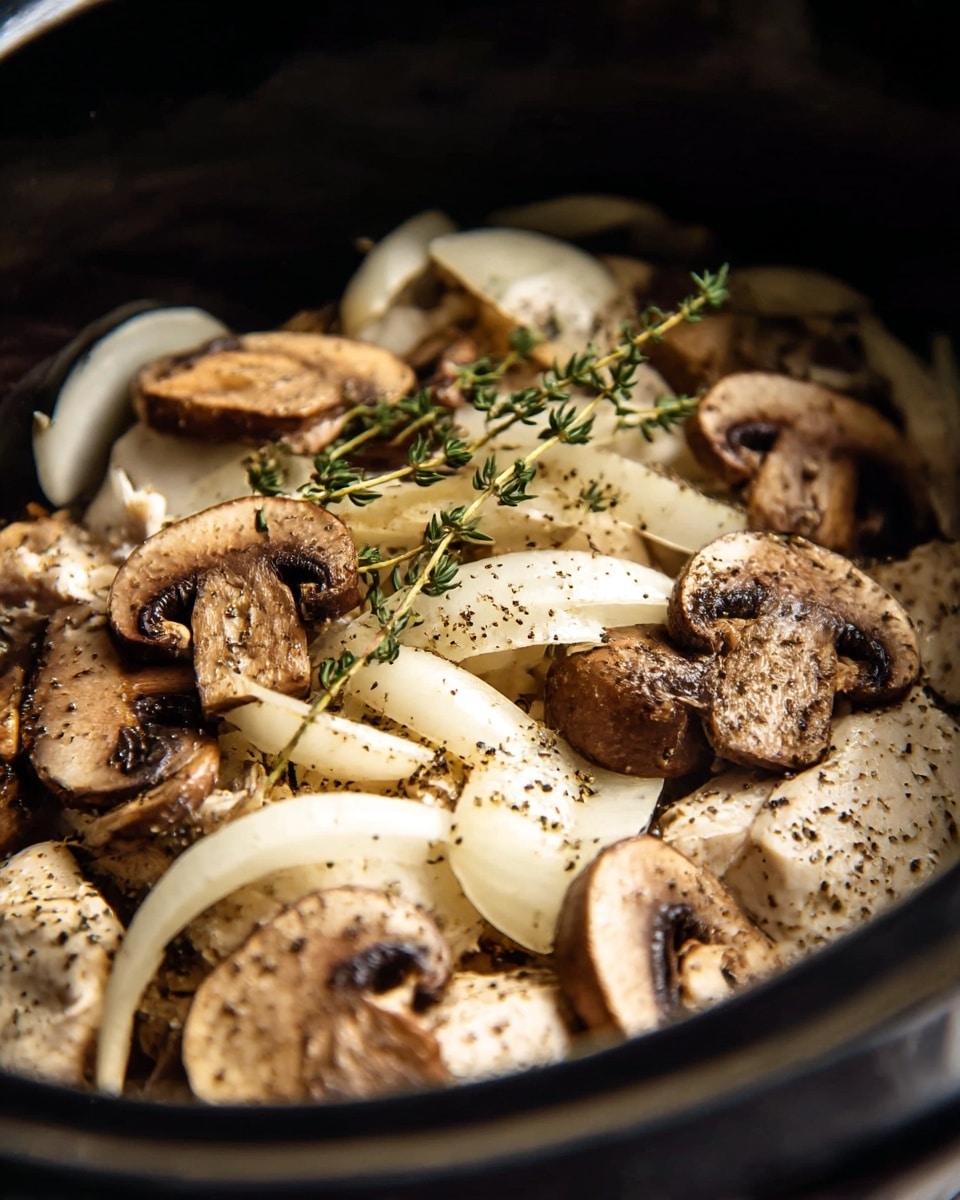 This image shows a close-up of a slow cooker filled with several layers of food. The bottom layer is light beige chicken pieces, covered with a mix of sliced mushrooms that are brown with dark centers, and thin slices of soft onions that are pale yellow and translucent. On top, there are small sprigs of fresh green thyme and seasoning bits like black pepper and garlic spread over the chicken. The ingredients appear juicy and cooked gently inside a dark cooking pot. photo taken with an iphone --ar 4:5 --v 7