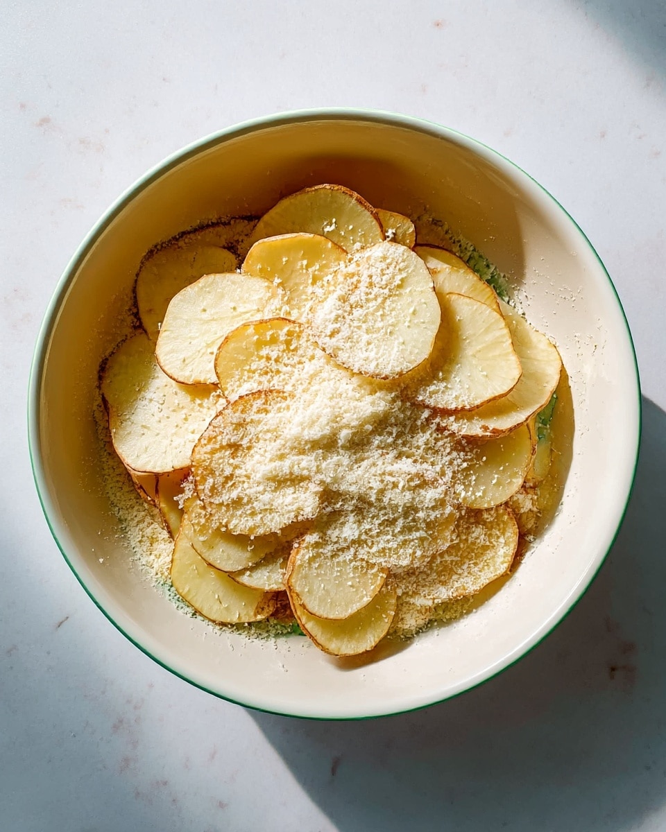 In a large white bowl, thin, light brown slices of potato are laid flat, some overlapping. The potato slices are sprinkled unevenly with a white, powdery cheese topping. The inside of the bowl has a smooth texture and the whole scene is set on a white marbled surface. The light creates soft shadows on the potato slices and cheese, showing a fresh and simple mix. Photo taken with an iphone --ar 4:5 --v 7