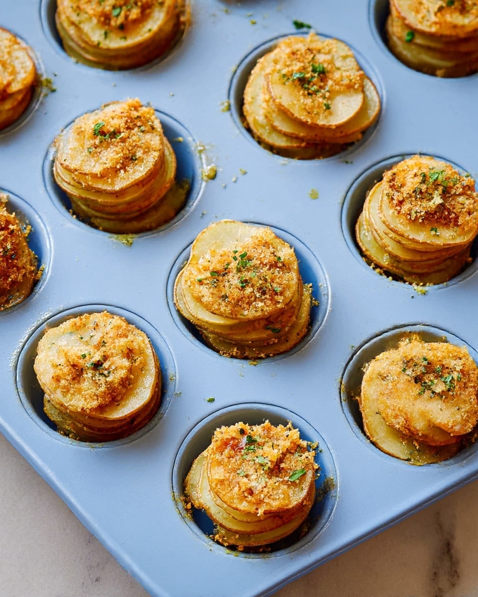 A close-up top view of a light blue muffin tray filled with small round stacks of thinly sliced potatoes arranged in about three layers each. Each stack is topped with a golden-brown crumbly mixture that looks like seasoned breadcrumbs mixed with herbs, adding a textured and speckled look. The stacks have a slightly oily sheen, and small green herb pieces are sprinkled throughout, enhancing the look with bits of color. The tray sits on a white marbled surface. photo taken with an iphone --ar 4:5 --v 7