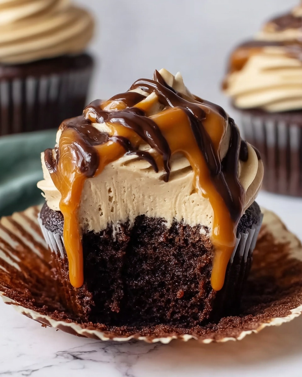 A chocolate cupcake with one visible thick layer of dark, moist cake forming the base. On top, there is a thick swirl of creamy beige frosting textured with soft ridges. Over the frosting, there is a glossy caramel sauce dripping down the side and dark chocolate syrup drizzled in thin lines. The cupcake wrapper is brown and partly peeled away to show the inside. The background is a white marbled surface with another cupcake blurred in the back. Photo taken with an iphone --ar 4:5 --v 7