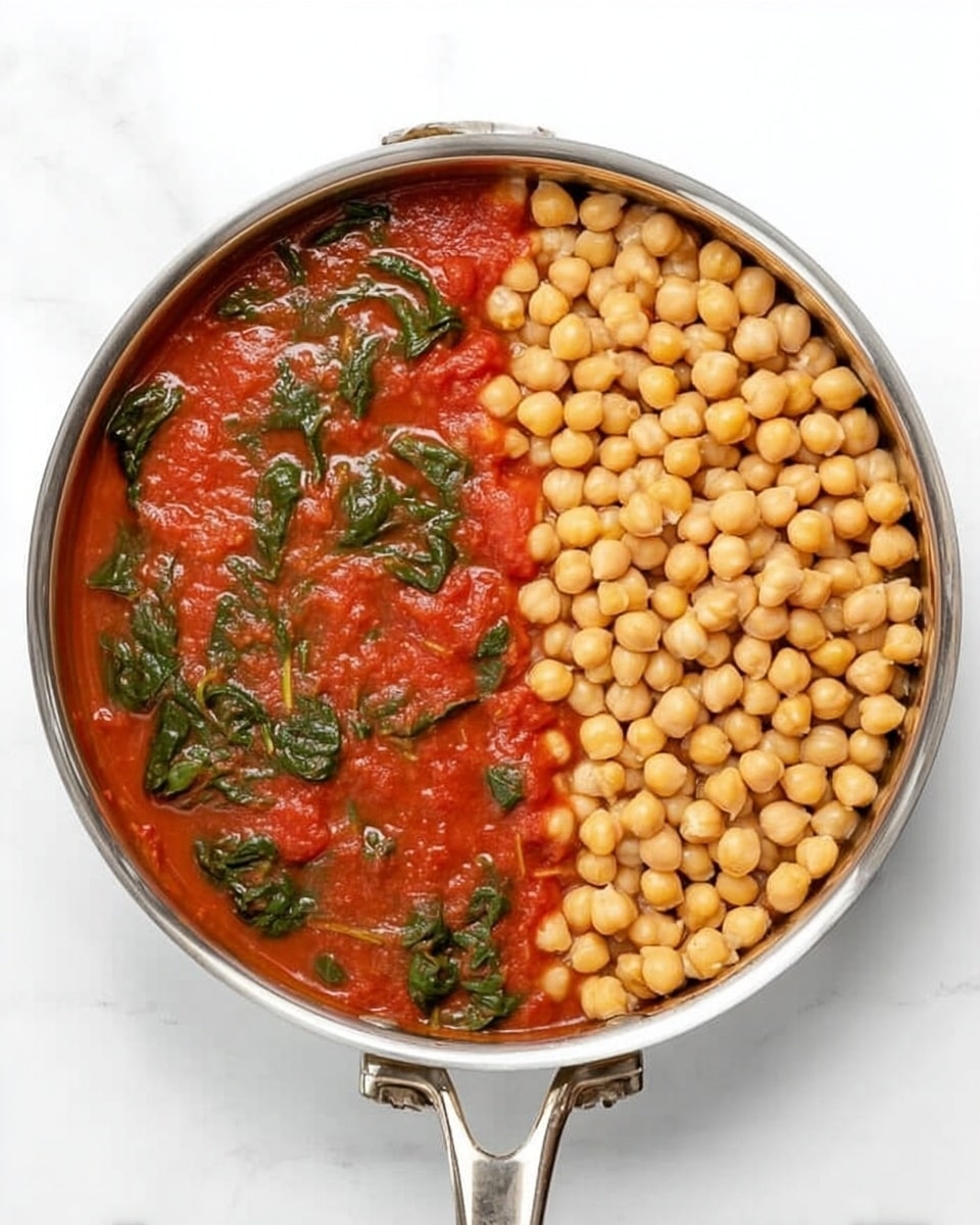 The image shows a silver pan with two main layers inside, viewed from above on a white marbled surface. On the left side of the pan, there is a red tomato sauce mixed with wilted green spinach leaves, giving a smooth but slightly chunky texture with visible bits of greens. On the right side, the pan is filled with light beige chickpeas, which are small and round, covering the entire half of the pan. The pan has a long handle on the left and a smaller side handle on the right. The contrast between the red sauce and beige chickpeas divides the pan almost evenly in half. Photo taken with an iphone --ar 4:5 --v 7