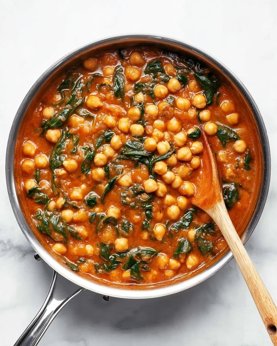 A silver pan filled with a chickpea stew with a rich orange-red sauce, dotted with soft beige chickpeas and dark green spinach leaves mixed evenly throughout. A wooden spoon with a light brown handle is resting inside the pan, slightly submerged in the thick sauce. The pan is placed on a white marbled surface with a clean and bright look. photo taken with an iphone --ar 4:5 --v 7