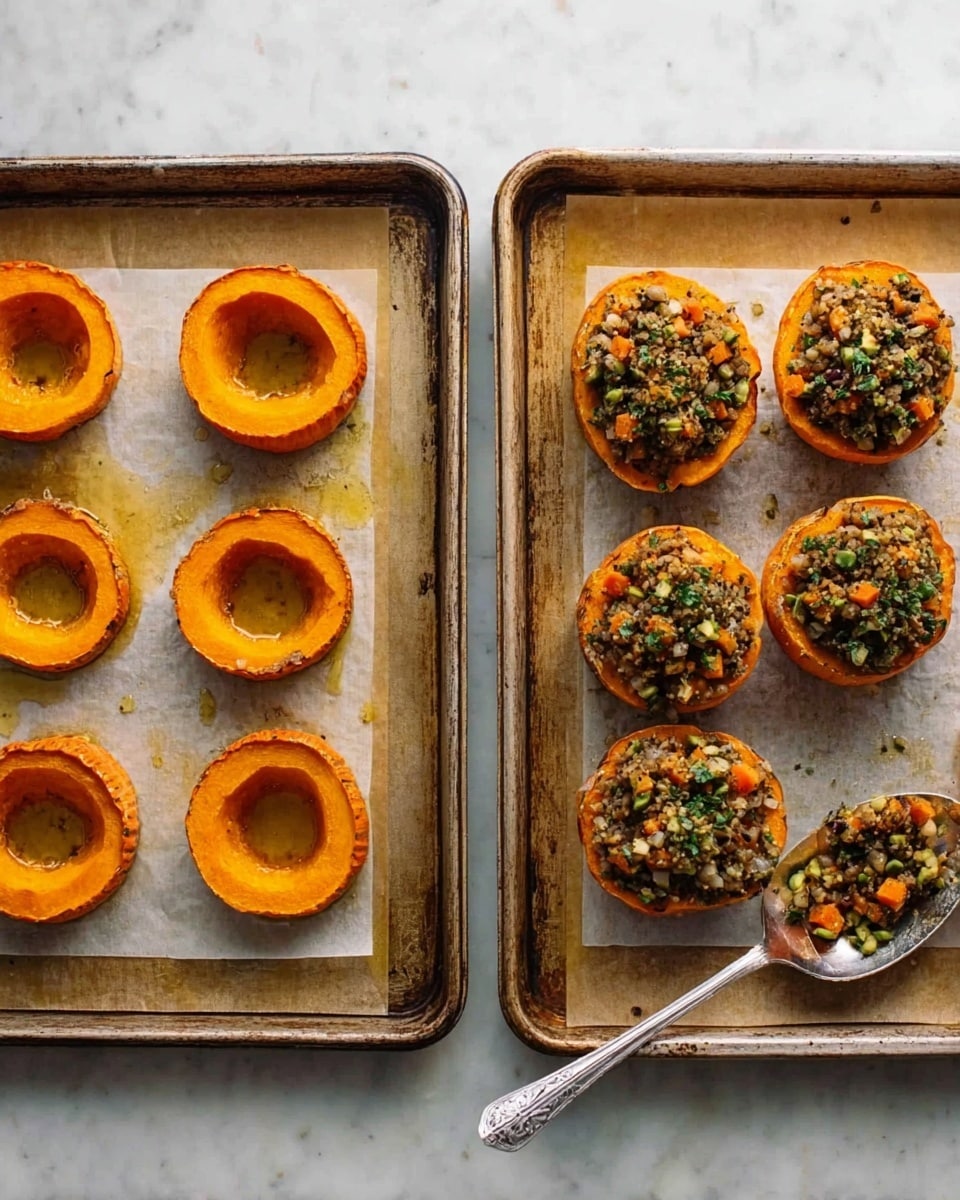 The image shows two metal baking trays with parchment paper on a white marbled surface. The left tray has six hollowed-out orange pumpkin halves and rings arranged evenly, with a light drizzle of oil visible on the parchment. The right tray shows the same pumpkin halves filled with a mixed stuffing of small chopped vegetables and herbs that include green, brown, and orange bits, topped slightly above the pumpkin edges. A silver spoon holding some stuffing rests on the bottom right corner of the tray. The overall look is colorful with earthy tones and a clear focus on prepping the stuffed pumpkins. Photo taken with an iphone --ar 4:5 --v 7