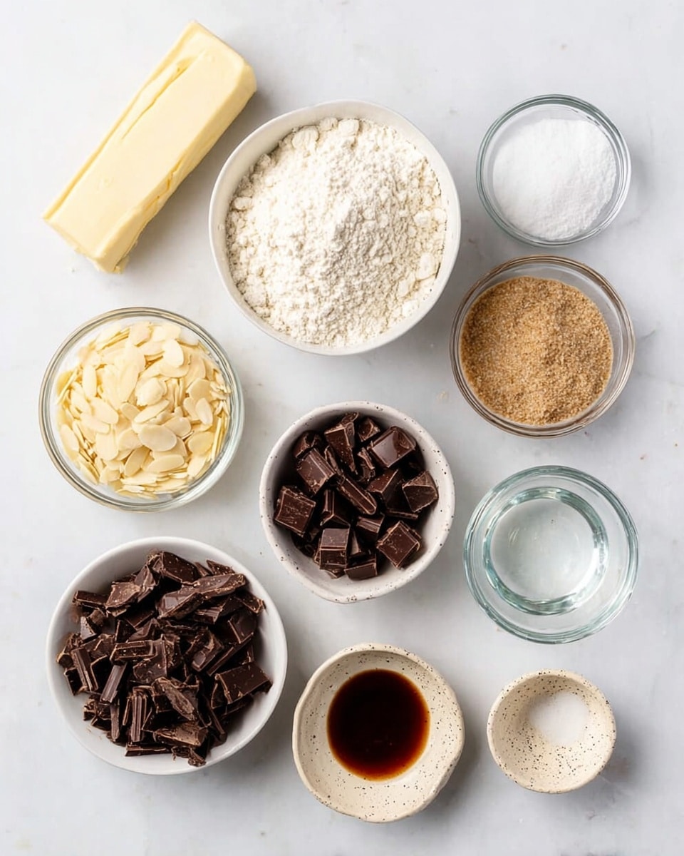 A top view of nine small bowls and a block of butter arranged on a white marbled surface. The bowls are filled with various baking ingredients: white flour in a white bowl in the center, light brown sugar in a clear glass bowl to the right, chopped dark chocolate pieces in a white bowl on the top right, small chunks of dark chocolate in a white bowl below it, pale slivered almonds in a white bowl on the bottom left, clear liquid in a glass bowl at the top center, vanilla extract in a small beige bowl with speckles near the center-right, and white salt in a clear glass bowl at the top left. A stick of butter sits on the left edge of the surface. photo taken with an iphone --ar 4:5 --v 7