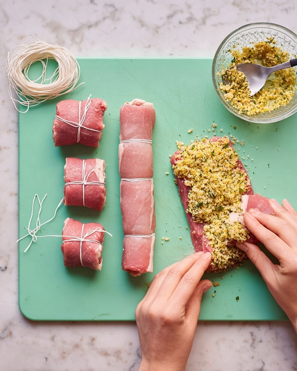 On a mint green cutting board placed on a white marbled surface, four rolled pieces of raw pink meat are tied with white string, arranged on the left side. To the right, a piece of flat raw pink meat is being rolled by two woman's hands over a thick layer of yellow breadcrumb and herb mixture covering the meat’s surface. Above this, there is a clear textured glass bowl filled with the same yellow breadcrumb and herb mixture with a silver spoon inside. A white string is loosely coiled on the bottom left corner of the cutting board. Photo taken with an iphone --ar 4:5 --v 7