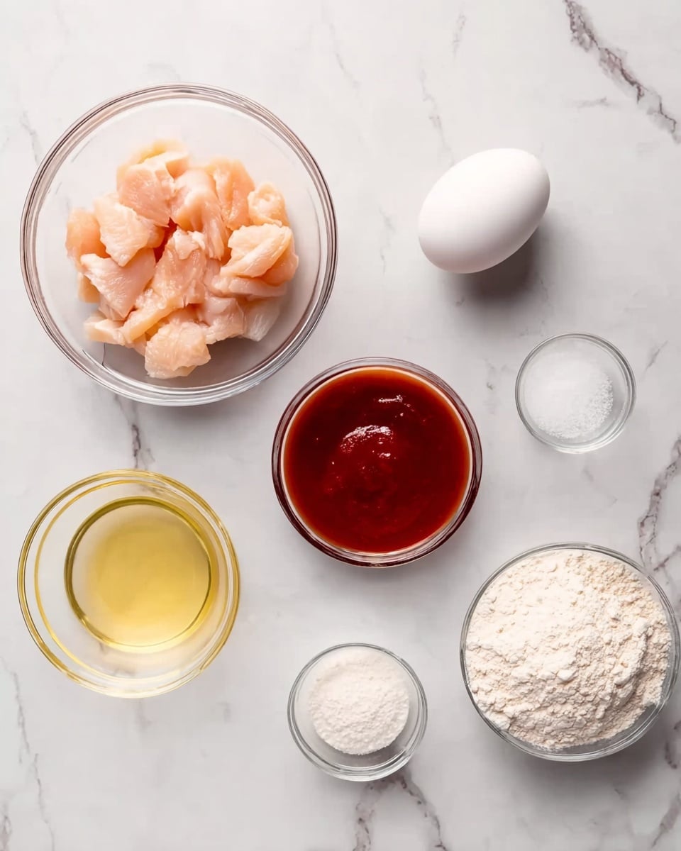 On a white marbled surface, five clear glass bowls and one whole egg are arranged. The largest bowl in the top left corner holds light pink pieces of raw chicken. Clockwise from this bowl, a whole white egg is placed slightly to the right. Next to the egg, a small bowl filled with a thick red sauce sits near the top right. Toward the bottom right, a tiny bowl contains a white powder, likely yeast. In the center bottom, a medium bowl holds a pale yellow liquid, probably oil. To the left of this bowl, another medium bowl contains a white powdery substance, possibly flour or cornstarch. Photo taken with an iphone --ar 4:5 --v 7