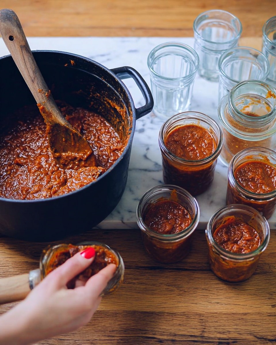 The image shows a large black pot with thick, red-brown sauce inside, stirred by a wooden spoon resting on the pot's edge. Next to the pot are four small clear glass jars filled with the same sauce, arranged on a white marbled surface. Behind the jars are four empty clear drinking glasses arranged in a line. A woman's hand with red-painted nails holds a small spoon, scooping some sauce into one of the jars. The background is a wooden table. photo taken with an iphone --ar 4:5 --v 7