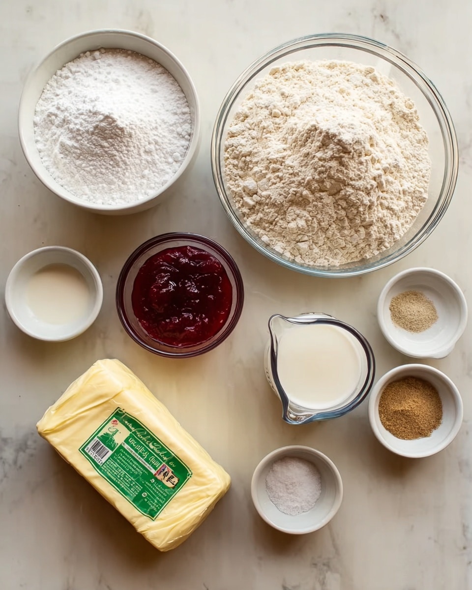 The image shows seven small bowls and a butter block arranged neatly on a white marbled surface. On the left, there is a white bowl filled with white powdered sugar, next to it is a small clear bowl containing dark red jam. In the center, a clear glass measuring cup holds white milk. On the right side, a large clear bowl is filled with light beige flour. Around these are three small bowls in white, green, and brown, holding small amounts of yeast, sugar, and salt. Lastly, a wrapped block of yellow butter with a green label is placed near the bowls. photo taken with an iphone --ar 4:5 --v 7