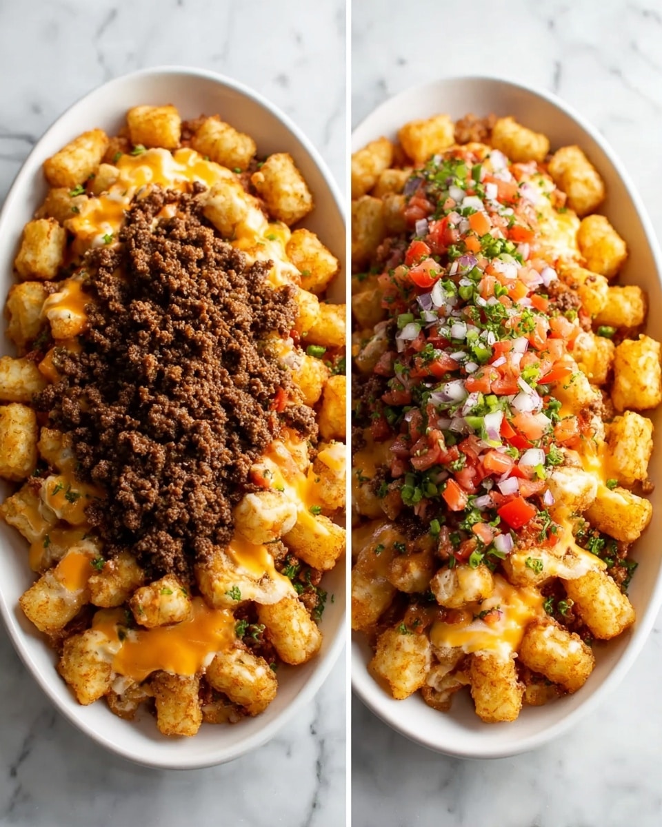 The dish is in a white oval plate on a white marbled surface, with a base layer of crispy golden tater tots covering the entire plate. On top of this is a layer of melted light orange cheese sauce, unevenly spread but mostly covering the tots. Over the cheese sauce, there is a thick layer of finely crumbled brown cooked meat centered in the middle but still showing some tater tots on the sides. The second image shows the same dish with an additional colorful layer on top consisting of finely chopped red tomatoes, white onions, and green herbs or peppers scattered over the meat. The colors and textures contrast well, with the varied, fresh topping adding brightness. Photo taken with an iphone --ar 4:5 --v 7