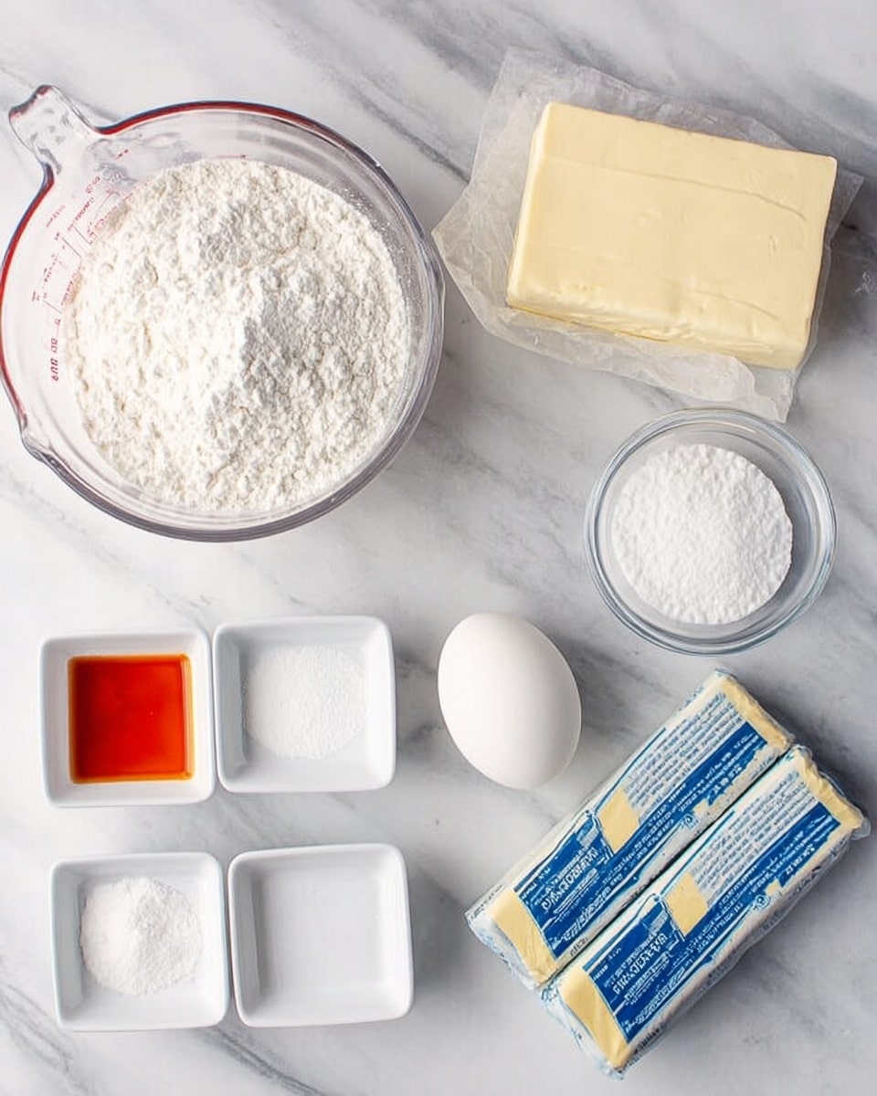 The image shows several ingredients laid out on a white marbled surface. On the top left, there is a glass measuring cup filled with white flour, and next to it on the right, a clear round glass bowl holds white sugar. To the top right, there is a rectangular block of wrapped cream cheese. Below these are two sticks of butter, still in blue and yellow wrappers, lying horizontally. Toward the bottom middle of the image, a single white egg rests on the surface. Four small white square dishes are arranged at the bottom left corner, containing different ingredients: one has white powder, another a red-orange liquid, and the other two appear empty or with small amounts of white powders. Photo taken with an iphone --ar 4:5 --v 7