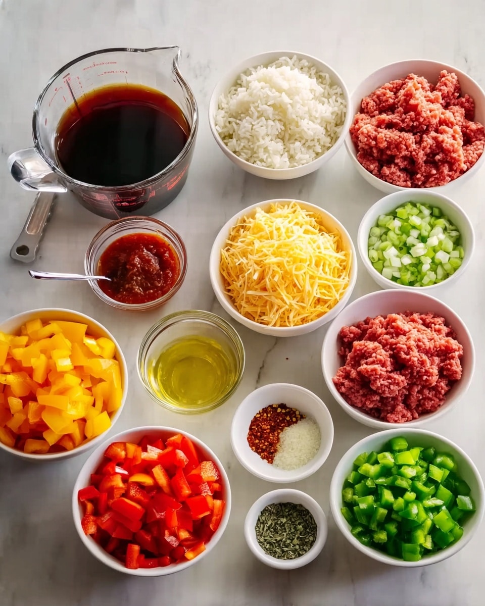 The image shows 11 white bowls and a white measuring cup arranged on a white marbled surface, each containing different food ingredients. The measuring cup on the left holds a dark liquid broth. Next to it is a white bowl with uncooked white rice. Adjacent to the rice is a small glass bowl with red paste. In front of it is a small bowl with chili flakes and a tiny bowl with golden oil. Behind these, a large white bowl contains shredded yellow cheese. Surrounding it are several white bowls filled with chopped vegetables: red, yellow, and green bell peppers, diced white onion, diced green chili, and a bowl of ground raw red meat. There is also a small bowl with herbs and salt. The arrangement is neat and the ingredients are bright and fresh. Photo taken with an iphone --ar 4:5 --v 7