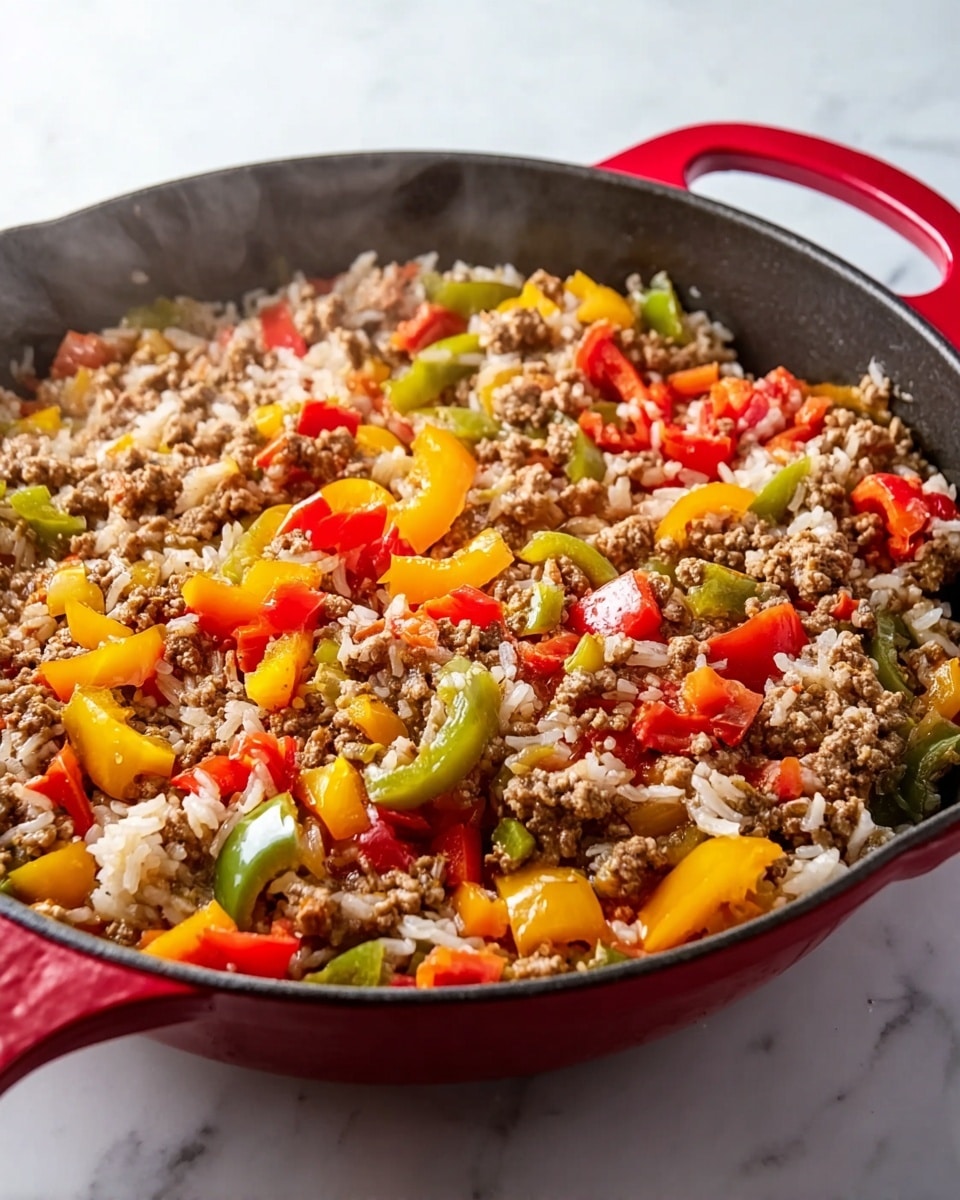 A close-up view of a red handled cast iron skillet filled with a cooked mix of ground meat, white rice, and chunky pieces of red, yellow, and green bell peppers. The dish is steaming hot, showing a glossy, slightly moist texture with the colors evenly spread throughout the pan. The skillet is placed on a white marbled surface. photo taken with an iphone --ar 4:5 --v 7