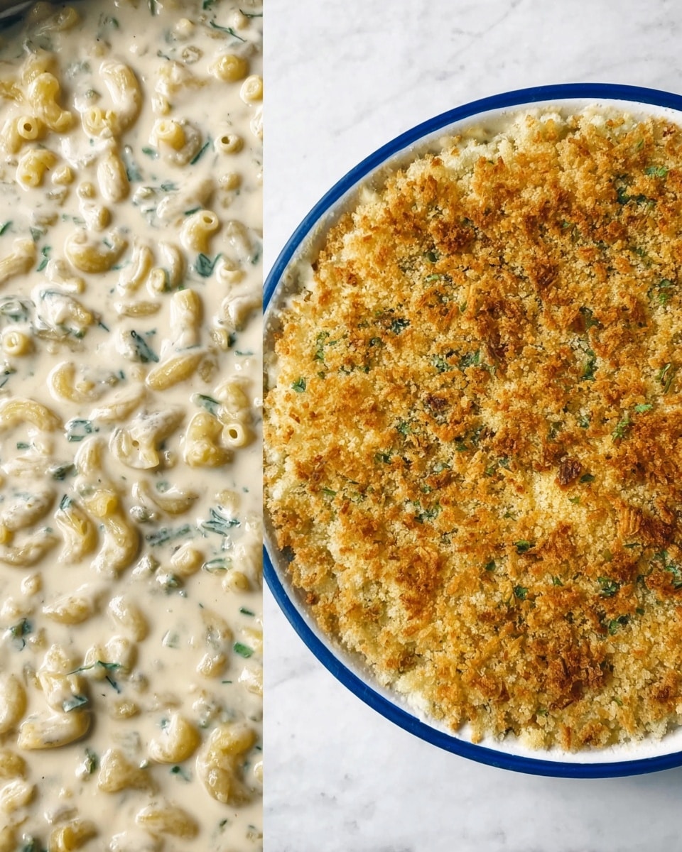 The image on the left shows a close-up of a creamy pasta dish with small macaroni covered in thick white sauce mixed with small pieces of green herbs. The sauce looks smooth and rich, coating each piece of pasta evenly. The image on the right shows the same dish in a white round baking dish with a blue rim, topped with a layer of golden brown crispy crumbs scattered with green herbs. The baking dish sits on a white marbled surface, and the crumb topping covers the pasta evenly, creating a crunchy-looking top layer. Photo taken with an iphone --ar 4:5 --v 7