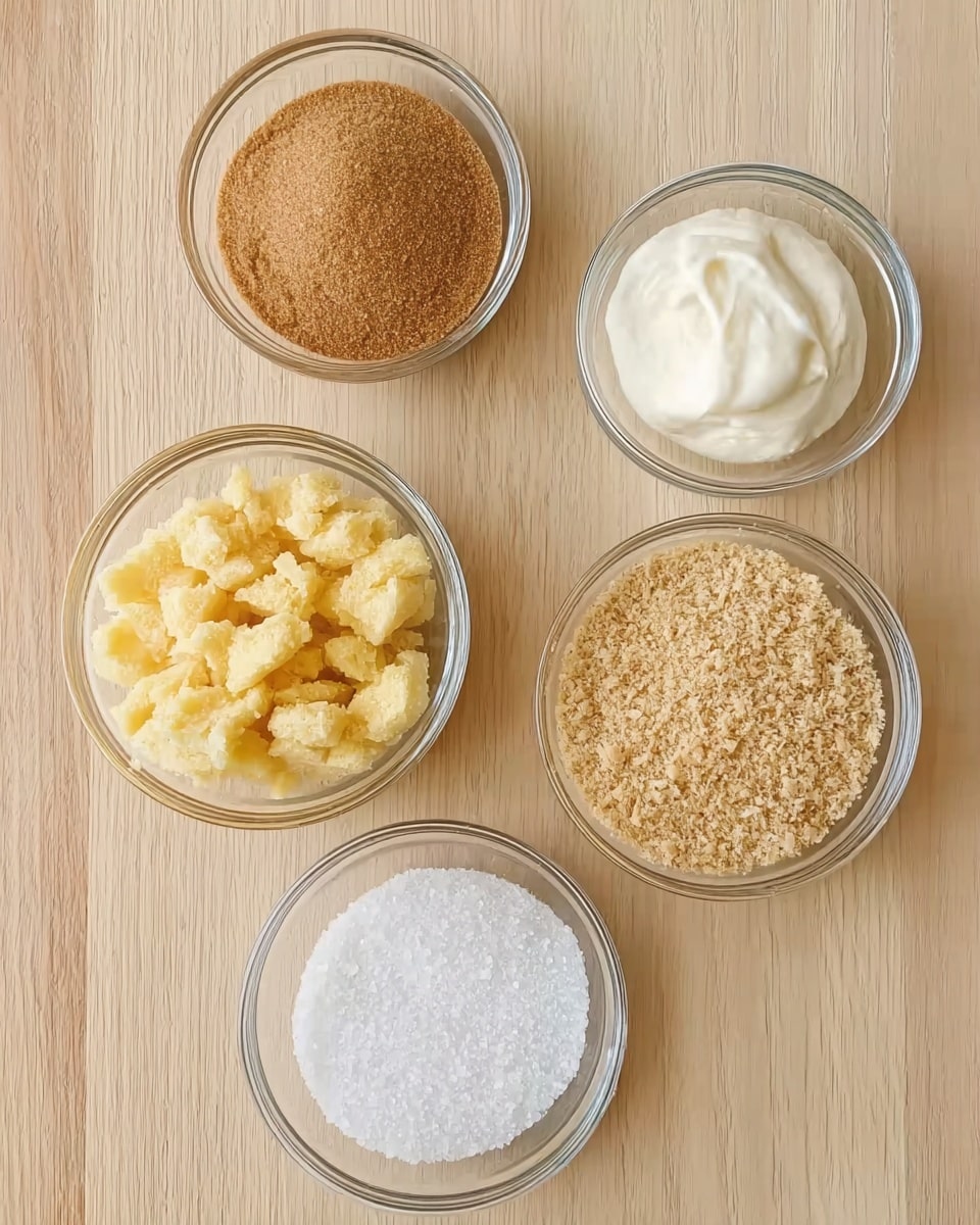 The image shows five clear glass bowls with different ingredients placed on a light wooden surface. The top left bowl contains fine brown sugar with a smooth texture, while the top right container holds a white creamy substance with a soft, thick consistency. Below them, the left bowl is filled with small yellow chunks that look crumbly and moist. The middle right bowl has light brown breadcrumbs with a sandy texture, and the bottom bowl holds coarse white salt with a grainy appearance. The setup is neat and simple with no other items around. Photo taken with an iphone --ar 4:5 --v 7