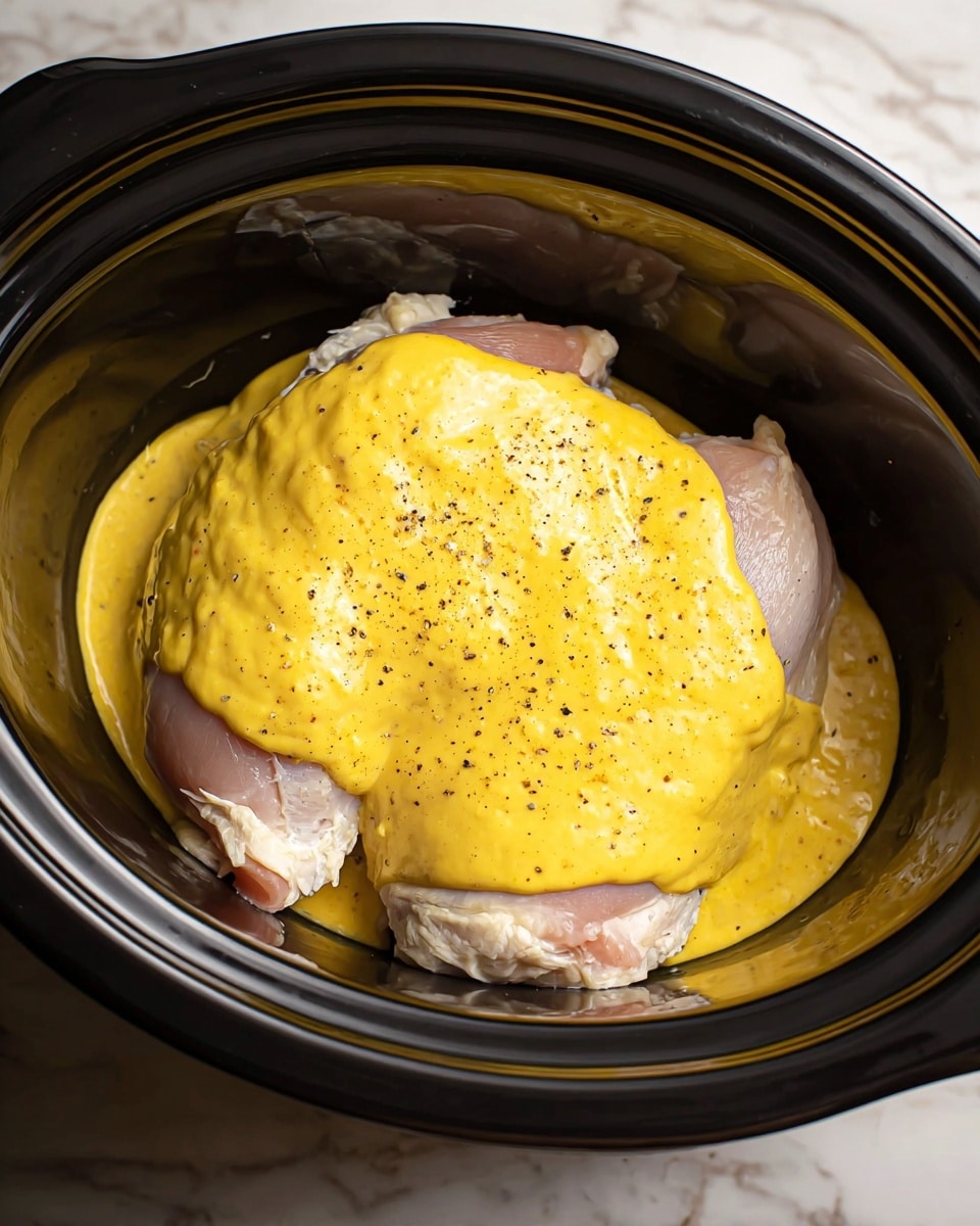 A close-up image shows two raw, pale pink chicken pieces placed inside a black slow cooker pot. The chicken is sprinkled lightly with black pepper. On top of the chicken, there is a thick, smooth layer of bright yellow creamy sauce spread unevenly, covering most of the chicken. The overall texture contrasts between the soft sauce and the raw meat underneath. The pot edges curve smoothly around the contents, and the background is a white marbled surface. photo taken with an iphone --ar 4:5 --v 7