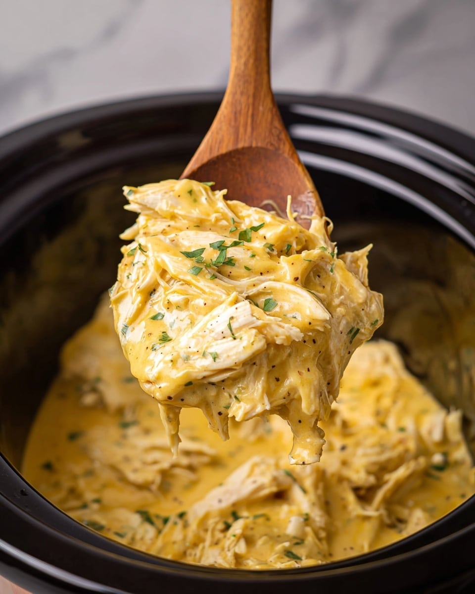 A close-up of a wooden spoon lifting a thick, creamy yellow sauce mixed with shredded white chicken and green herbs from inside a black slow cooker. The sauce looks smooth and rich, coating the chicken pieces evenly, with small black pepper specks visible. The dish has soft textures, with the shredded chicken layered in the sauce. The background shows more of the same creamy dish inside the slow cooker, with a white marbled surface behind. Photo taken with an iphone --ar 4:5 --v 7