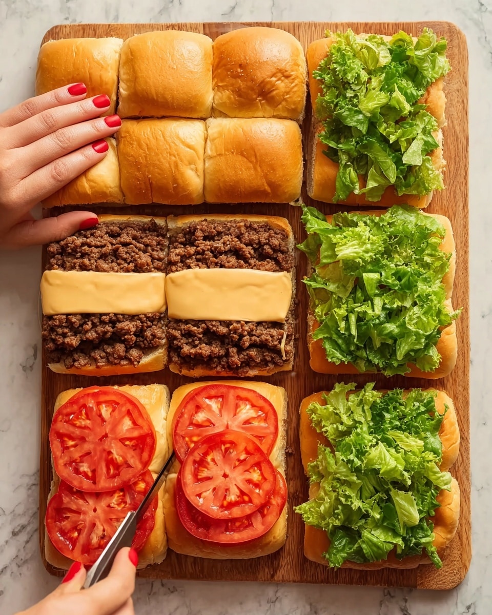 The image shows six steps of making a large rectangular sandwich on a wooden cutting board over a white marbled surface. First, a woman's hand with red nail polish presses down on a grid of nine soft brown sandwich buns arranged tightly together, while holding a knife. Next, the buns are sliced horizontally and the top halves spread with a light orange creamy sauce, smooth in texture. Then, a flat layer of brown cooked ground meat is evenly spread on top of the sauce. After that, a second layer of red tomato slices, cut thin and arranged neatly in overlapping rows, covers the meat. The fifth step adds a fresh layer of green leafy lettuce with curly edges scattered over the tomatoes. Finally, the top halves of the buns are placed back evenly over the lettuce, completing the sandwich with a uniform golden-brown bun surface. photo taken with an iphone --ar 4:5 --v 7