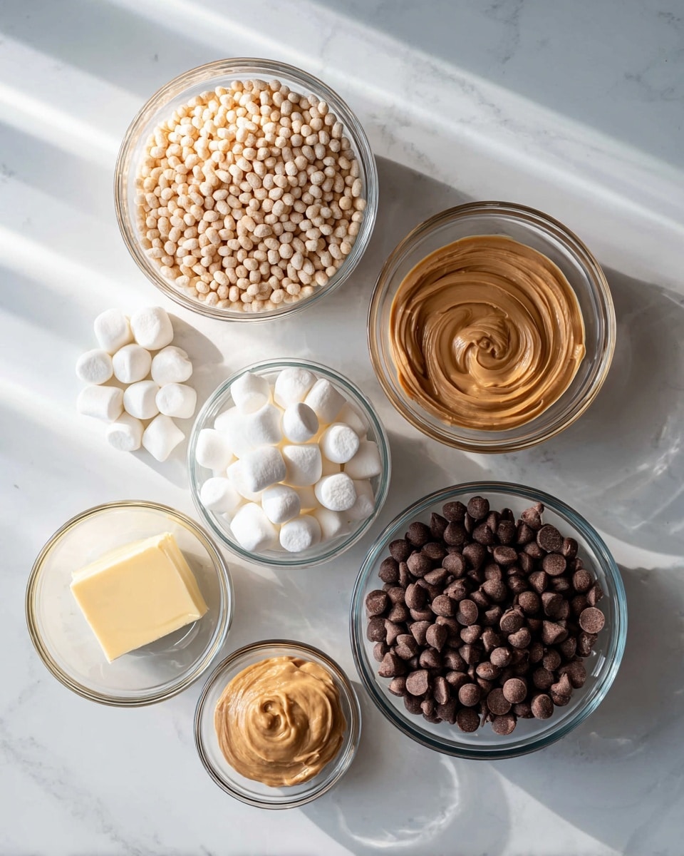 Six glass bowls are arranged on a white marbled surface, each holding a different ingredient. The largest bowl in the top left is filled with light beige cereal puffs that have a slightly crunchy texture. To the right is a medium bowl with smooth light brown peanut butter, showing swirl patterns on top. Below the peanut butter is a big bowl full of small, fluffy white mini marshmallows. Near the center-left is a small bowl with a square piece of pale yellow butter. Below the butter is another small bowl also filled with creamy light brown peanut butter with swirl marks. At the bottom right, a medium bowl holds numerous round, dark brown chocolate chips. Soft natural light casts gentle shadows across the white marbled surface. Photo taken with an iphone --ar 4:5 --v 7