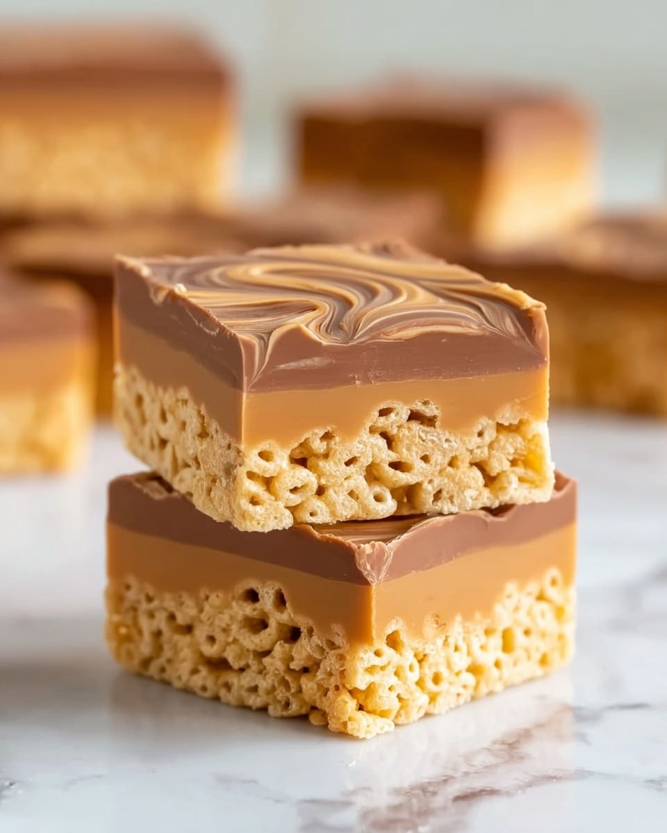 The image shows two square dessert bars stacked on top of each other on a white marbled surface. Each bar has three clear layers: the bottom layer is made of light golden crispy cereal, the middle layer is a thick, smooth milk chocolate, and the top layer is a slightly lighter brown caramel with a swirled pattern. In the background, more bars are slightly blurred but visible. photo taken with an iphone --ar 4:5 --v 7